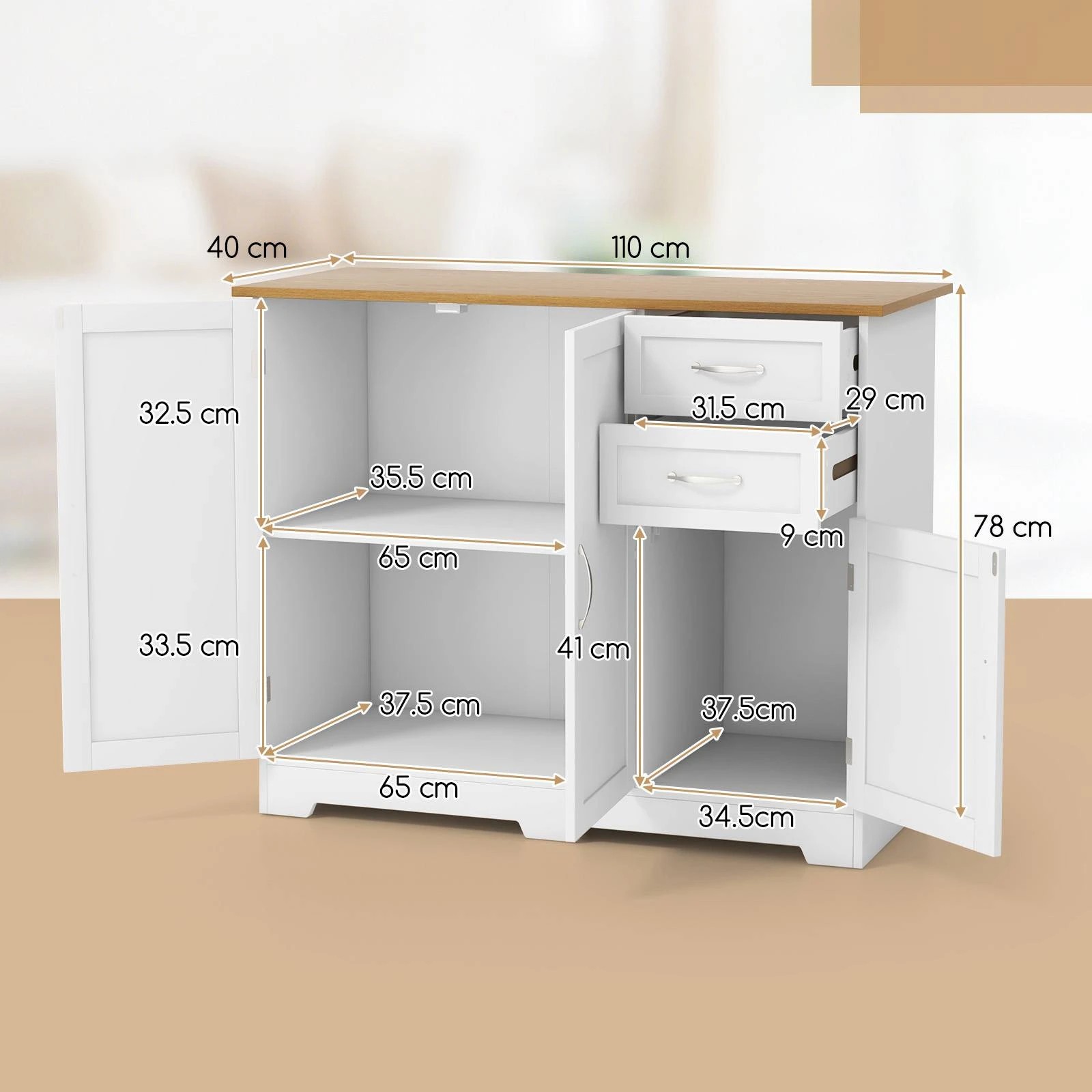 2 Costway Wood Buffet Sideboard Kitchen Cabinet Storage Cupboard Hallway - Natural, 2 of 4
