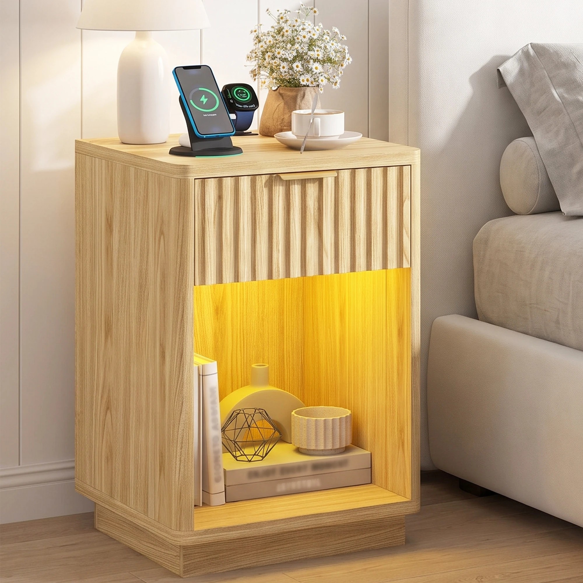 2 Advwin Fluted Wood Bedside Table with LED Light Charging Station Drawer & Shelf - Natural, 2 of 9