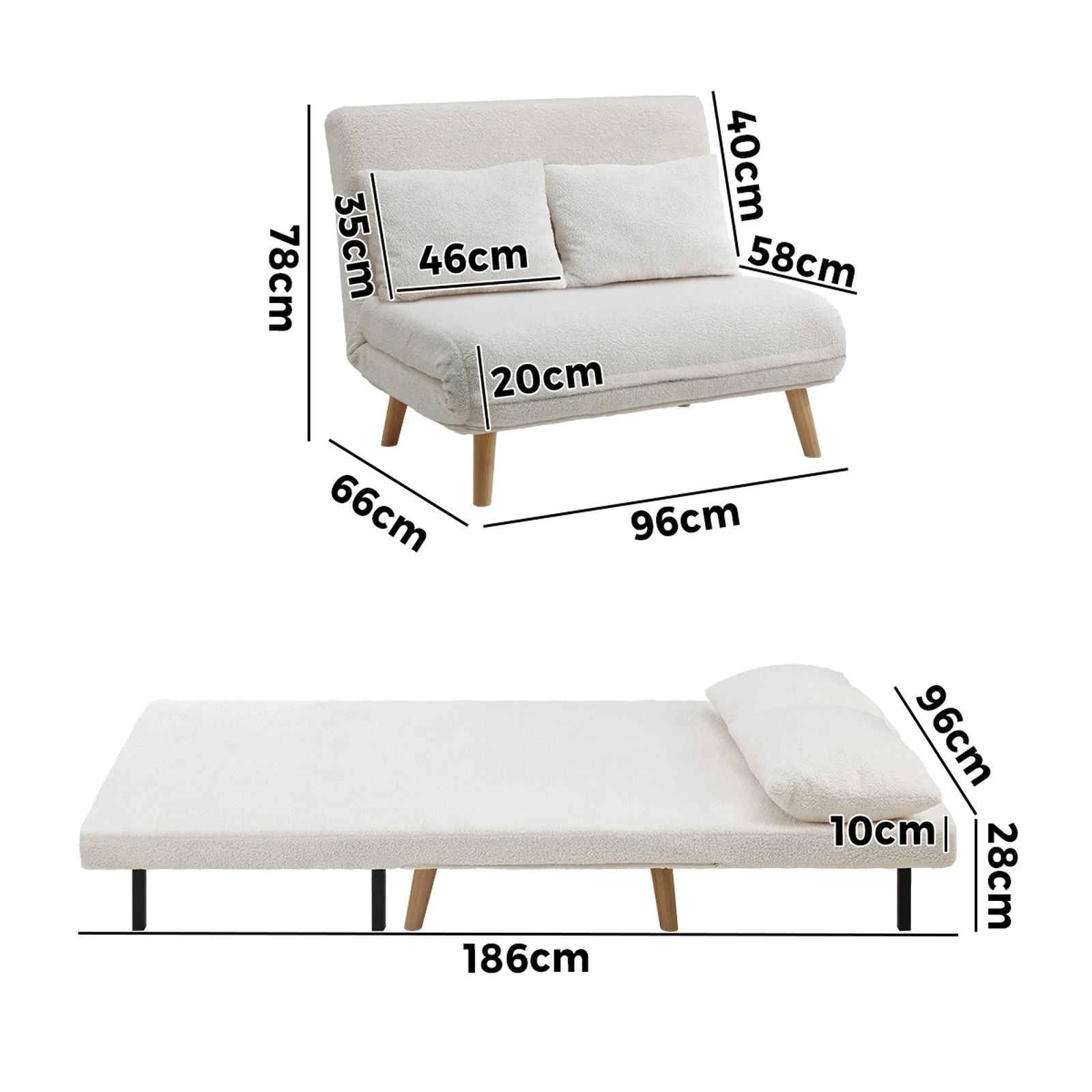 8 Oikiture Sofa Bed Lounge Chair Sherpa Fabric Recliner Wood Leg 2 Seater
 - White, 8 of 8