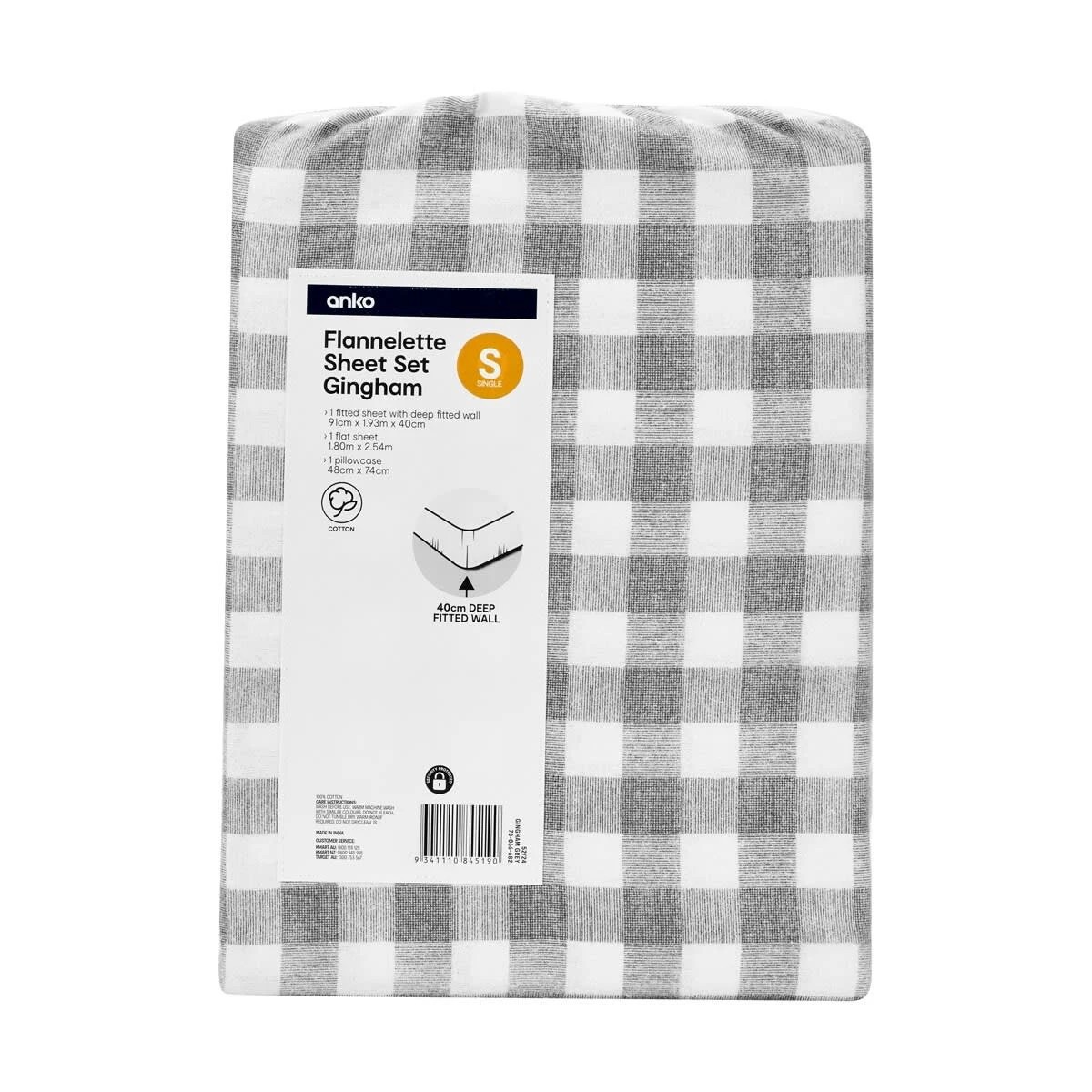 7 Gingham Cotton Flannelette Sheet Set - Single Bed, Grey, 7 of 7