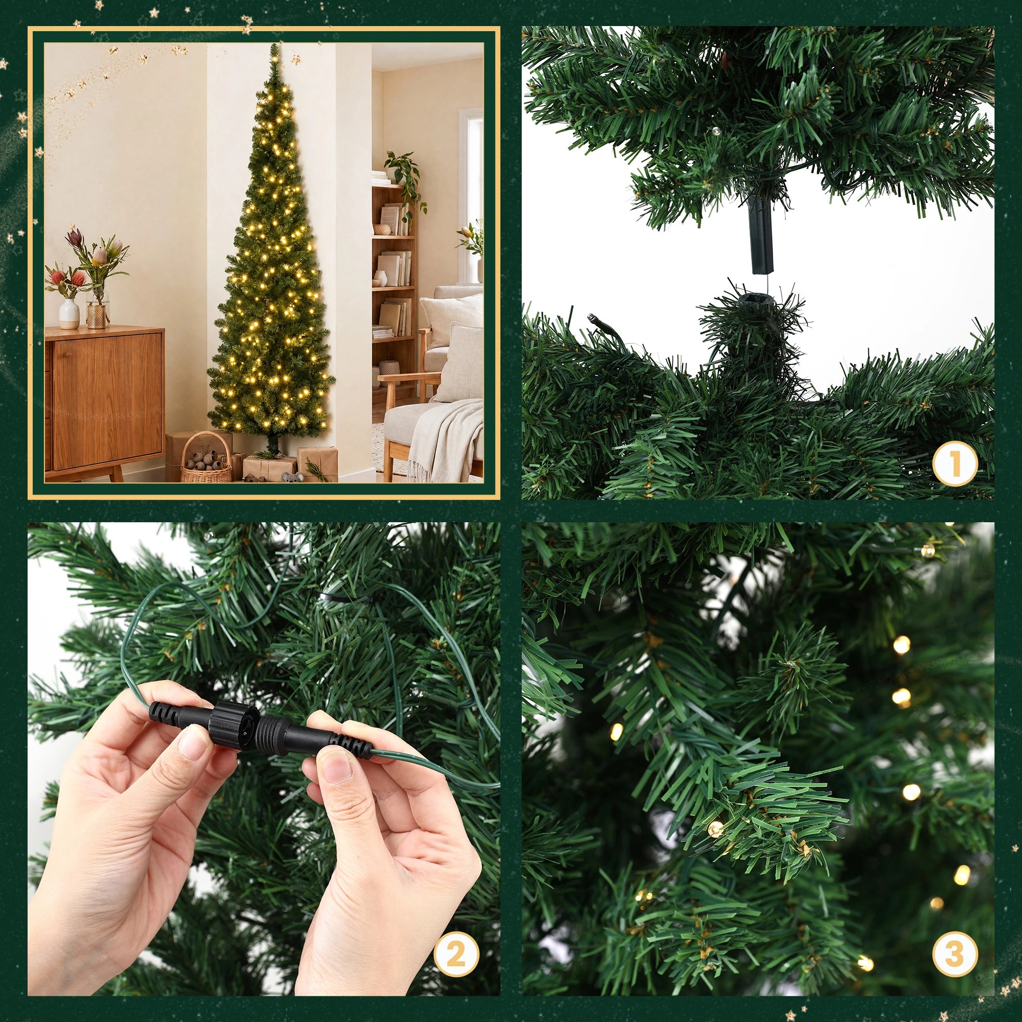 7 Jingle Jollys 2.4m Pre-Lit Christmas Tree Slim Pencil Xmas Tree Corner Tree - Green, 7 of 8