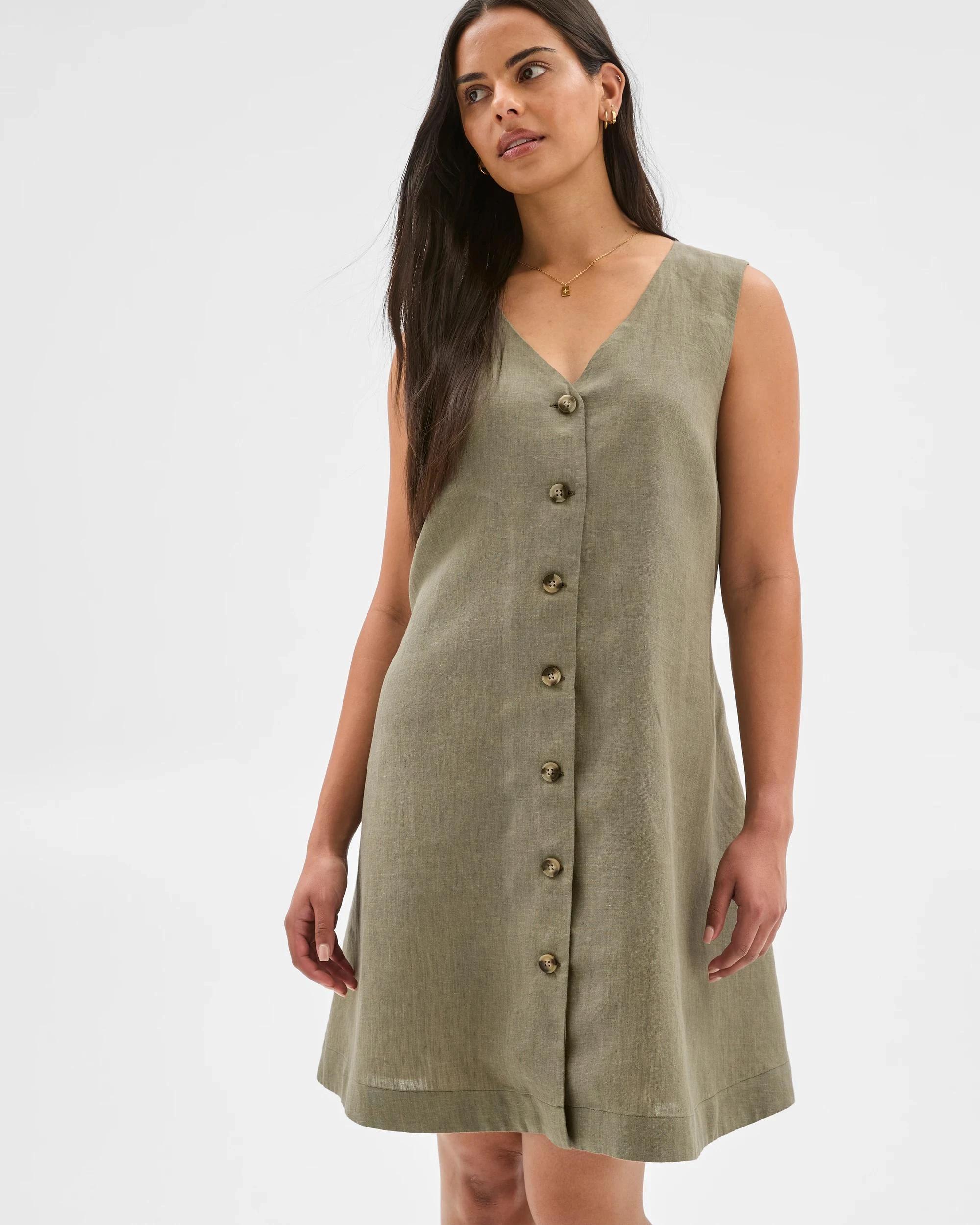 2 Target Woman European Linen Button Front Mini Dress DUSTY OLIVE, 2 of 6