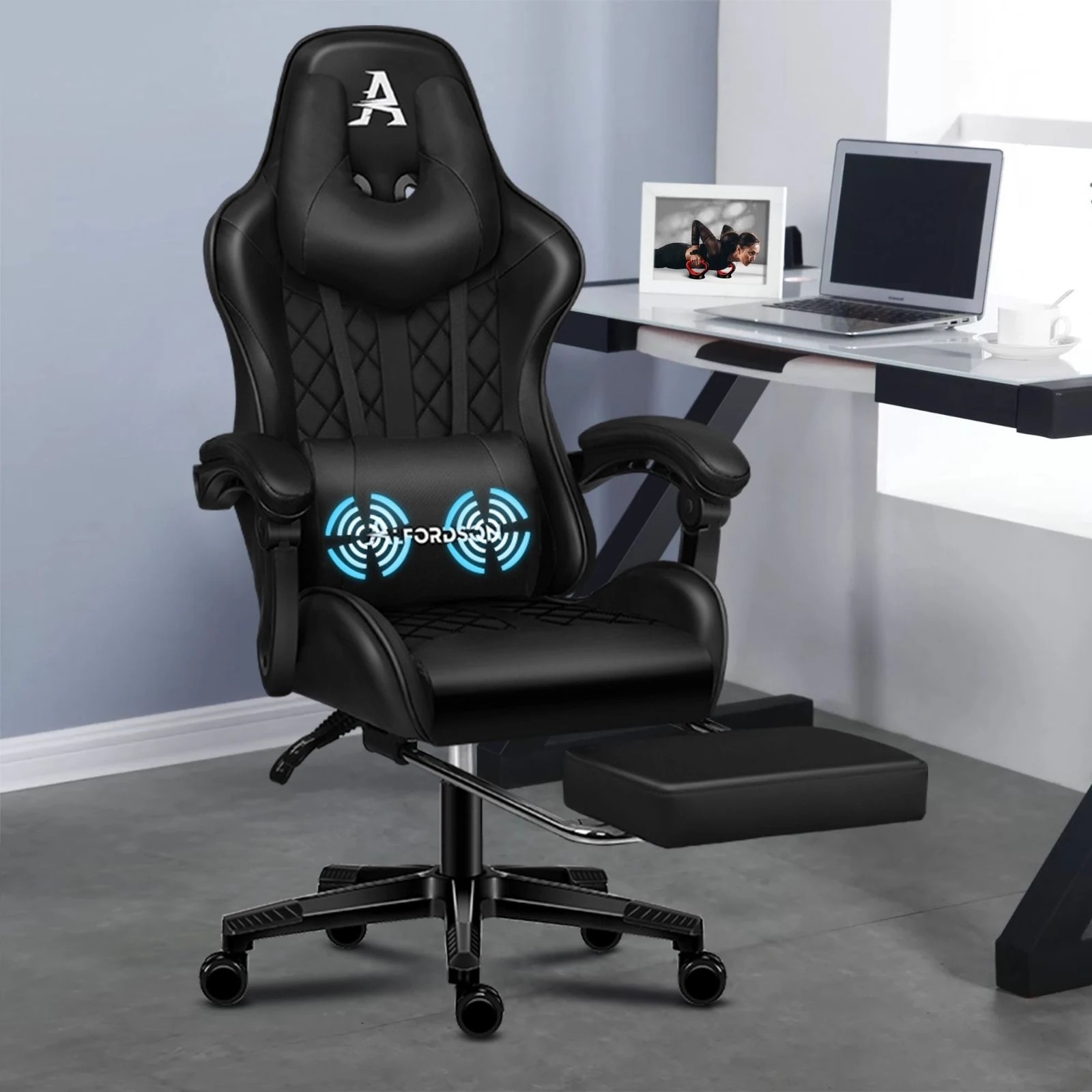 2 Alfordson Gaming Chair Office Racer Large Lumbar Cushion Footrest Seat Leather - Black, 2 of 10