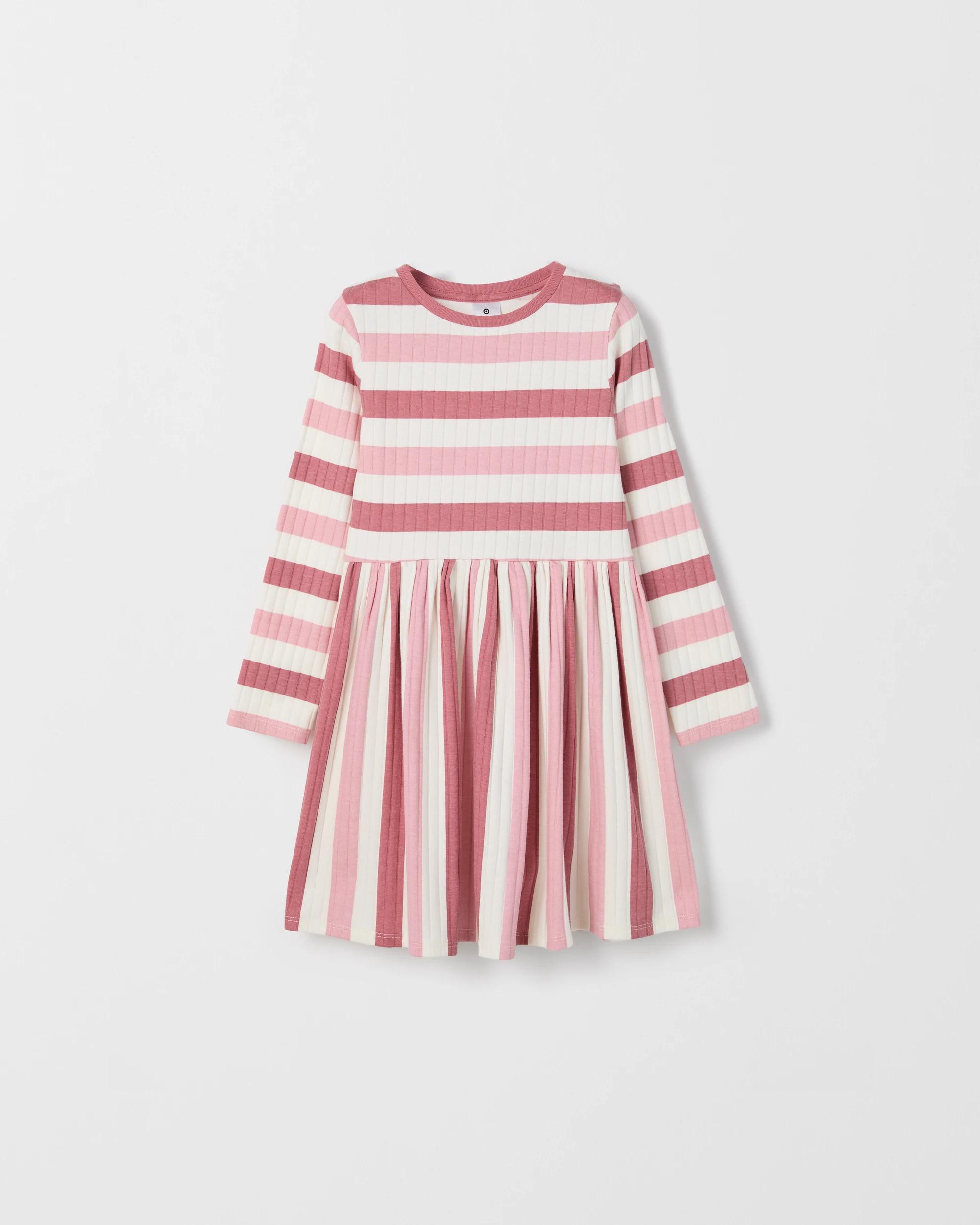 1 Target Kids Australian Cotton Blend Long Sleeve Rib Core Dress PINK STRIPE, 1 of 2