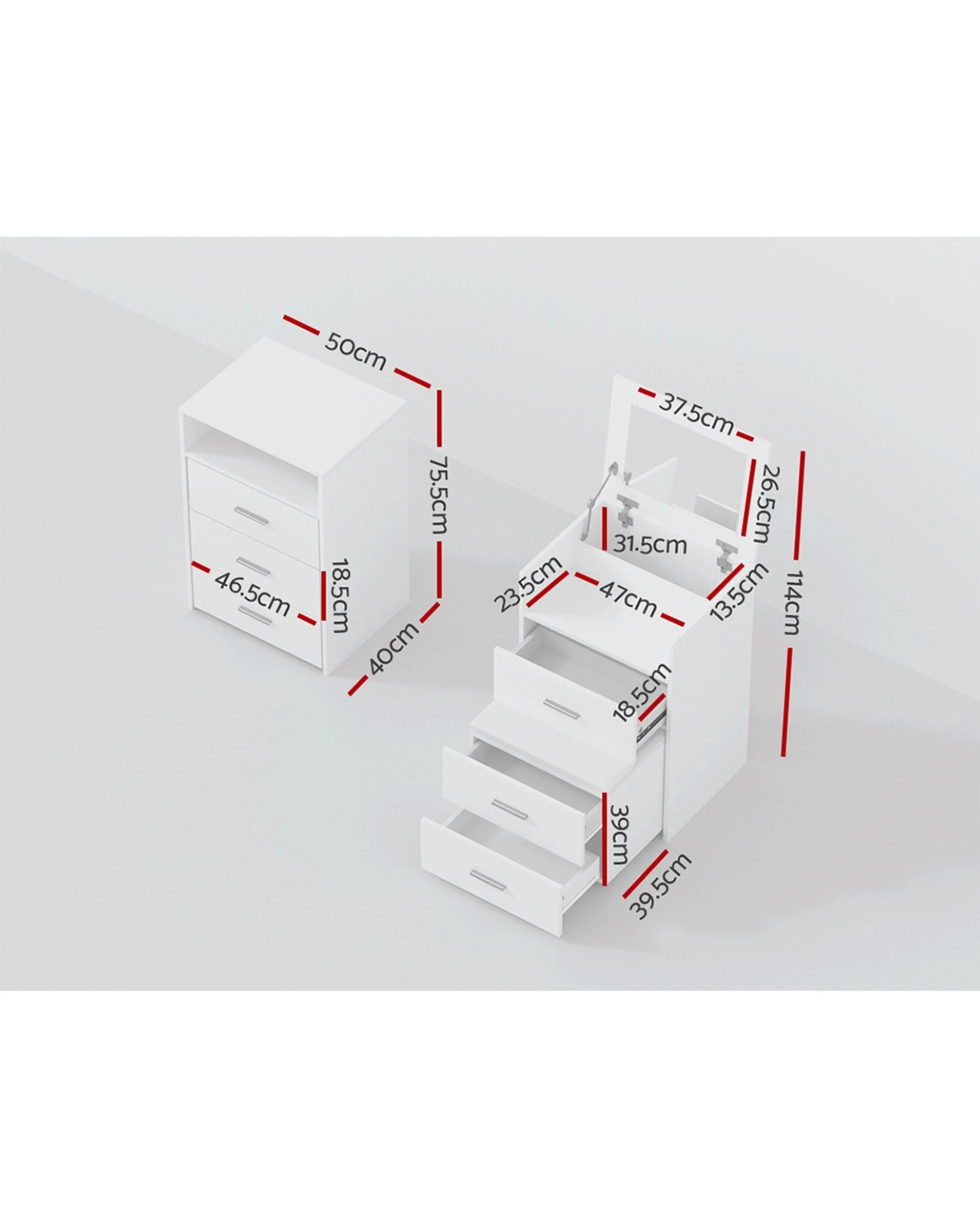 2 Artiss 2-in-1 Dressing Table Stool Set Bedside Table Vanity Mirror Stool Set Makeup Storage Easy Assembly - White, 2 of 8