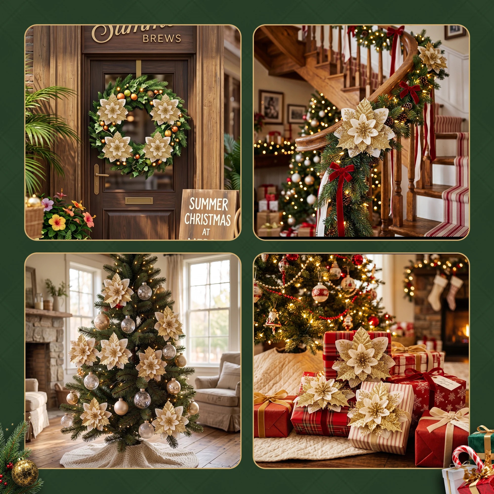 6 Jingle Jollys 10Pcs Christmas Tree Flower Set Xmas Garland Wreath Poinsettia Decorations - Gold, 6 of 9