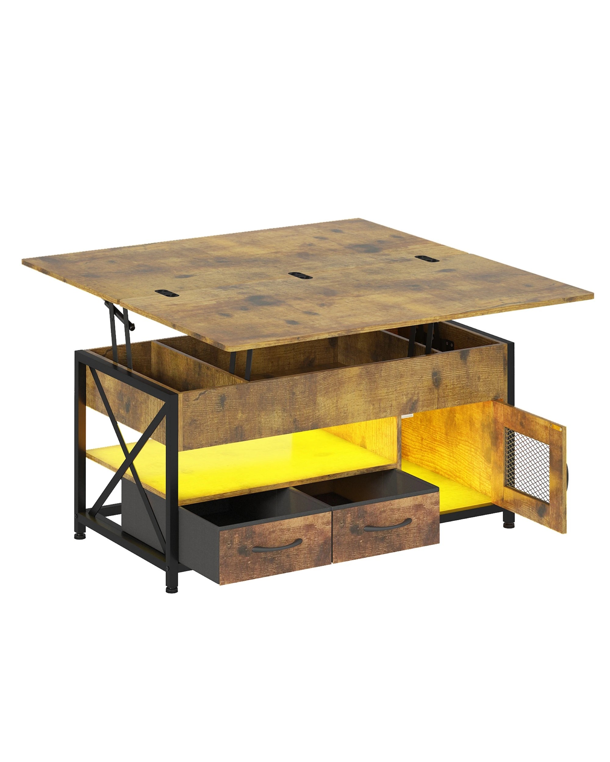 1 Advwin 4-in-1 LED Lift Top Coffee Table w/ Hidden Compartment & Display Shelf Rising Center Table w/ & Drawer & Cabinet, 1 of 10