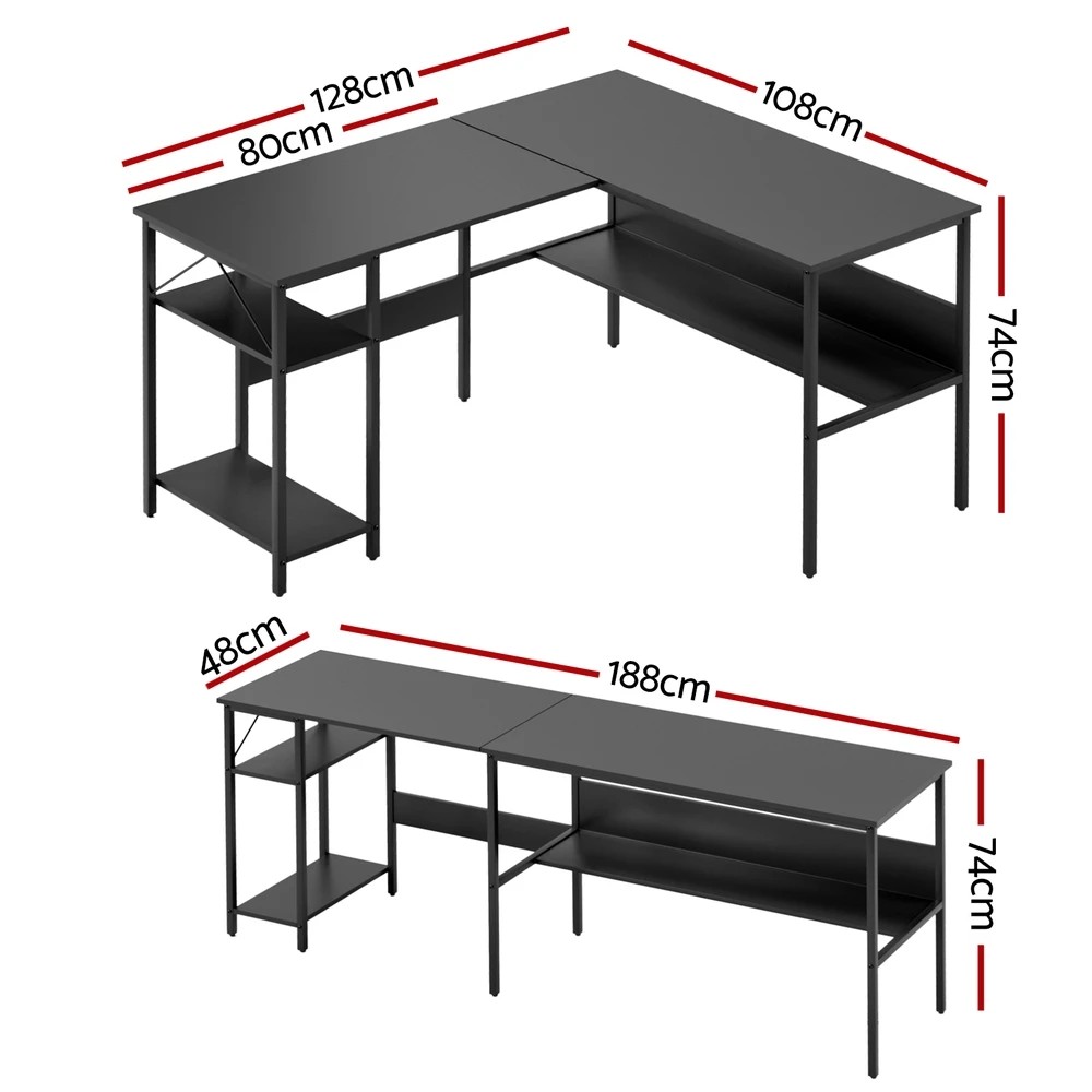 2 Artiss Computer Desk L shape Home Office Study Table Desks Open Shelf - Black, 2 of 5