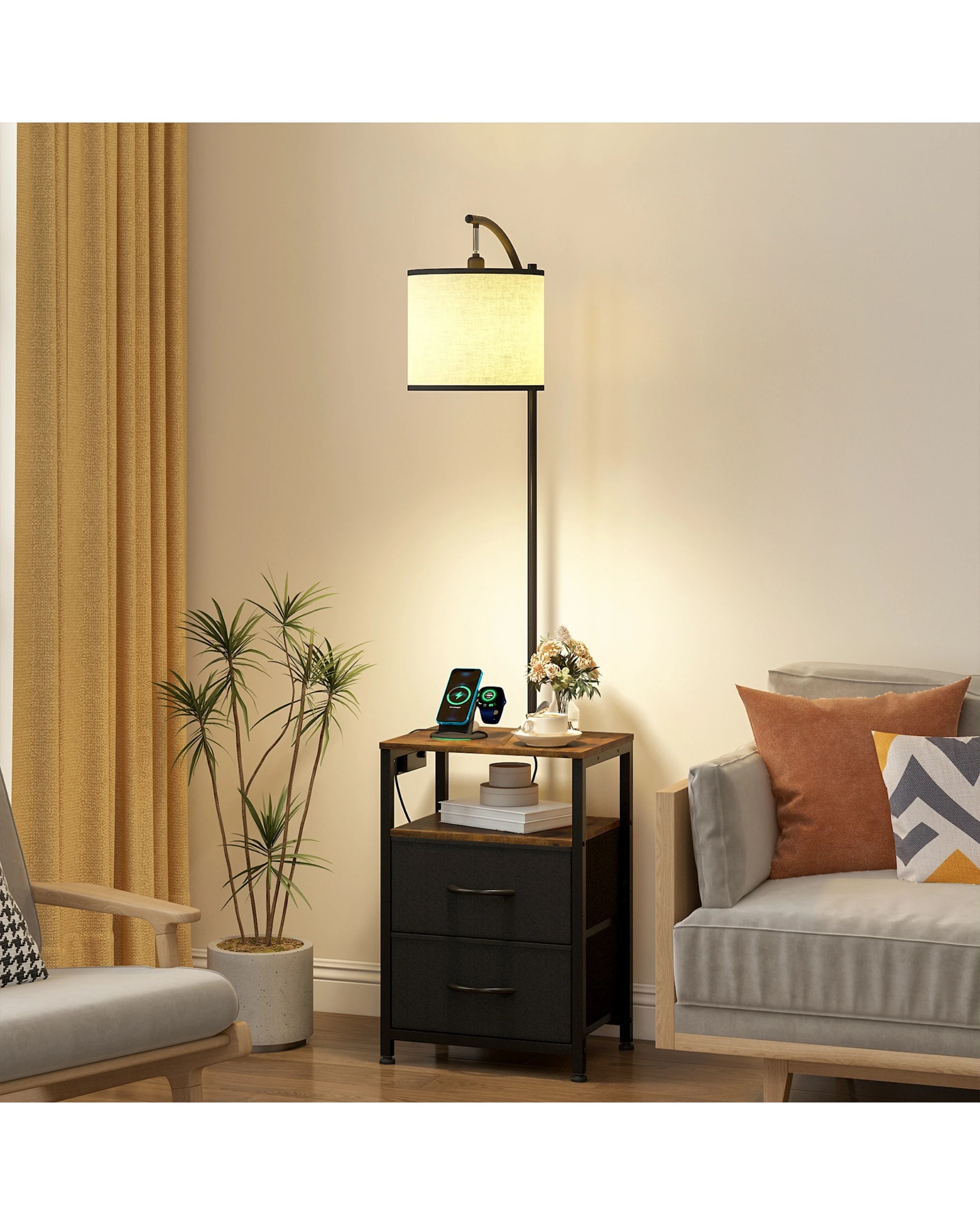3 Advwin LED Side Table w/ Floor Lamp & 2 Drawers Nightstand with Charging Station - Black, 3 of 9