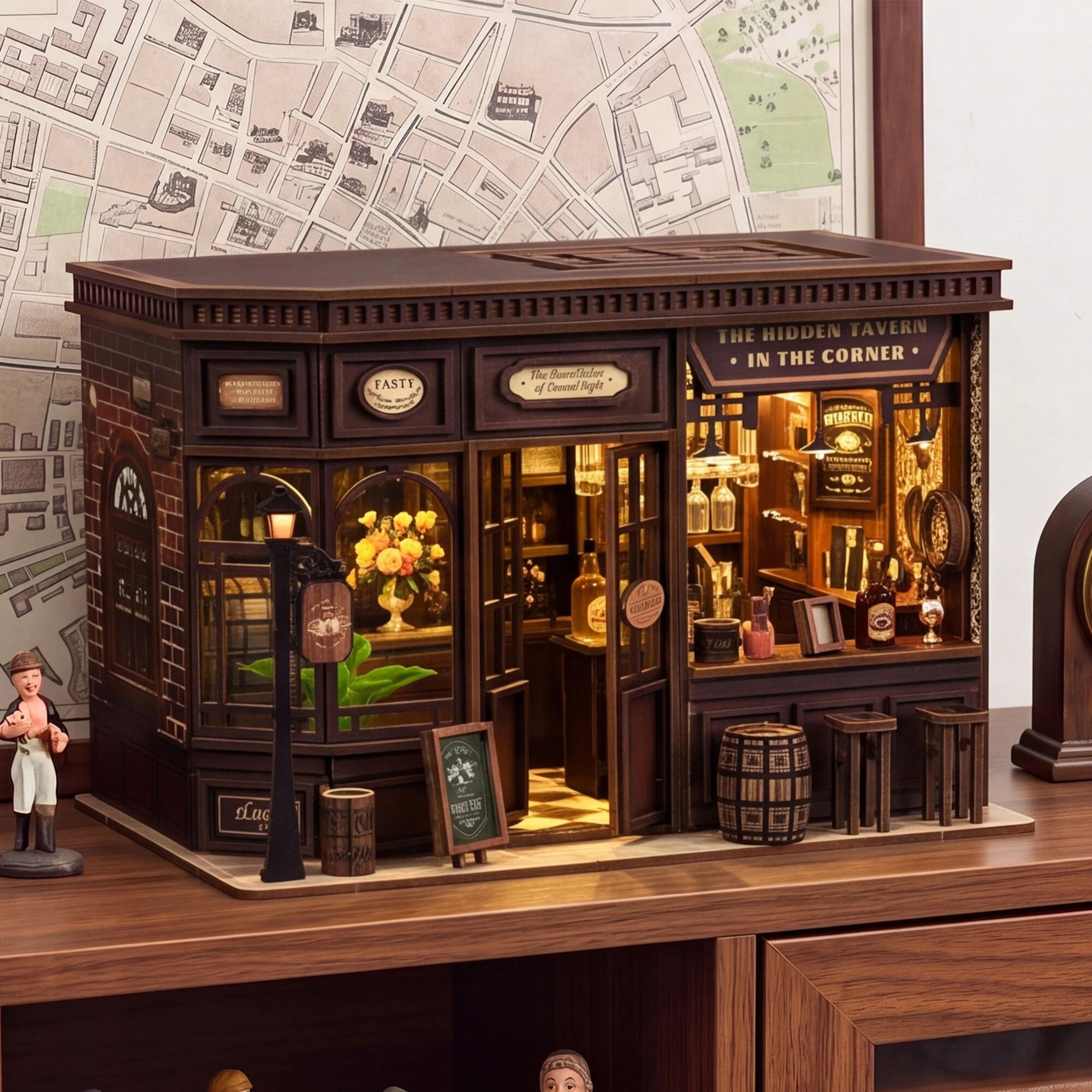 7 BoPeep Book Nook Kit Vintage Tavern with Warm LED Light for Shelf Decor Walnut, 7 of 8