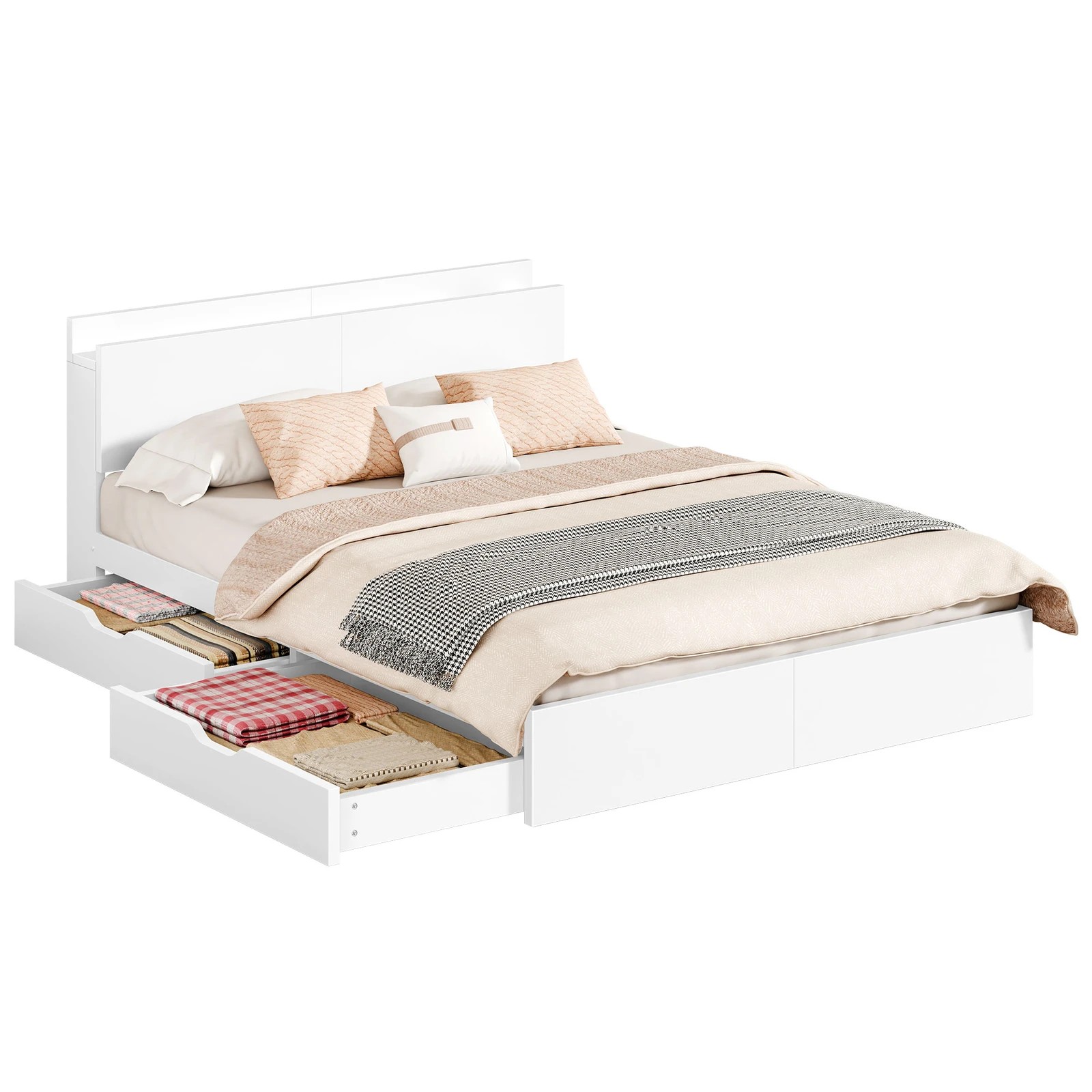 1 Alfordson Wooden Bed Frame Queen Size with Charging Station & 2 Drawers - White, 1 of 10