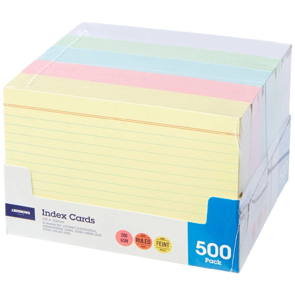 1 J.Burrows Index Cards Ruled 152 x 102mm Assorted 500 Pack, 1 of 4