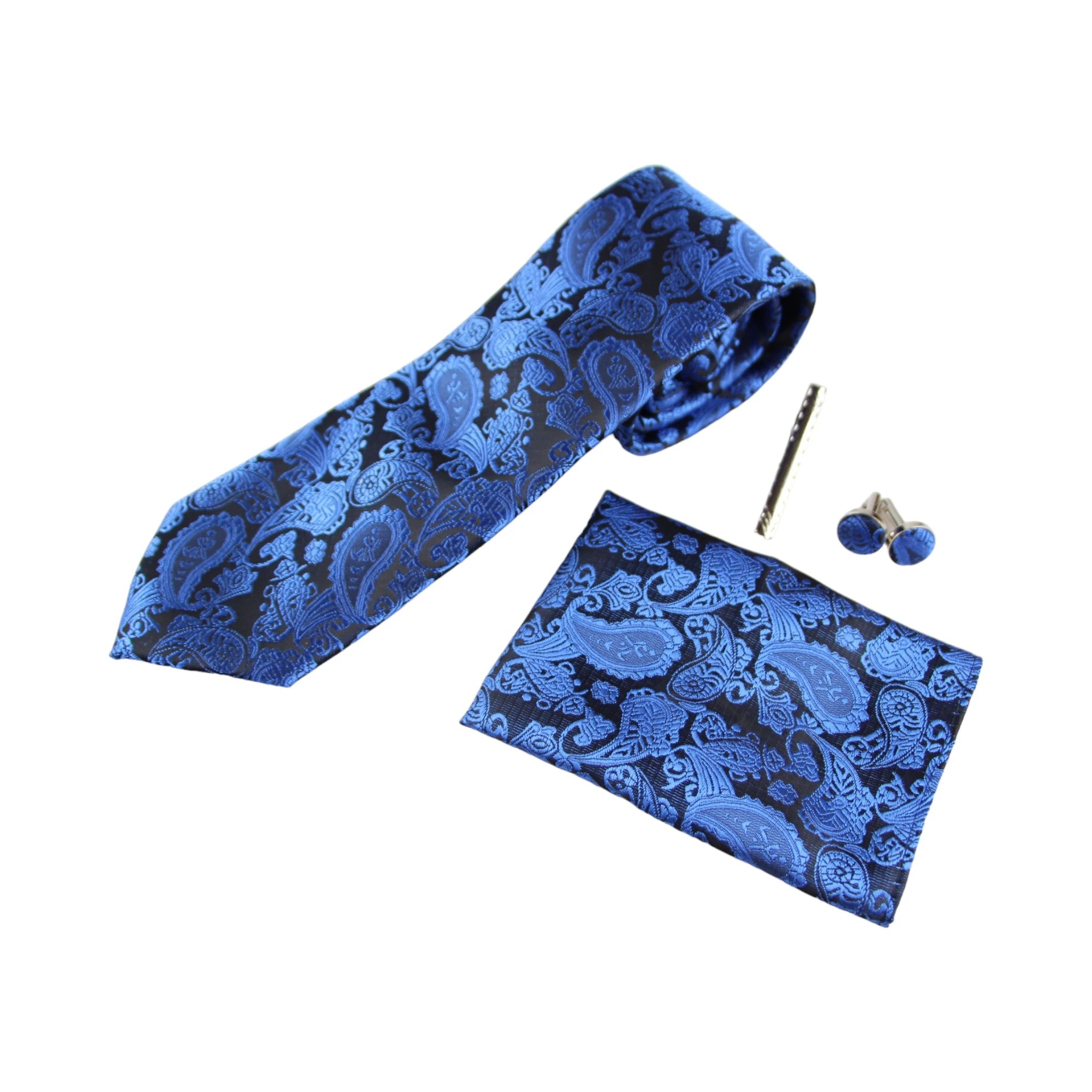 2 Zasel Mens Blue & Black Boho Paisley Matching Neck Tie, Pocket Square, Cuff Links And Tie Clip Set - Multi - Multi, 2 of 4