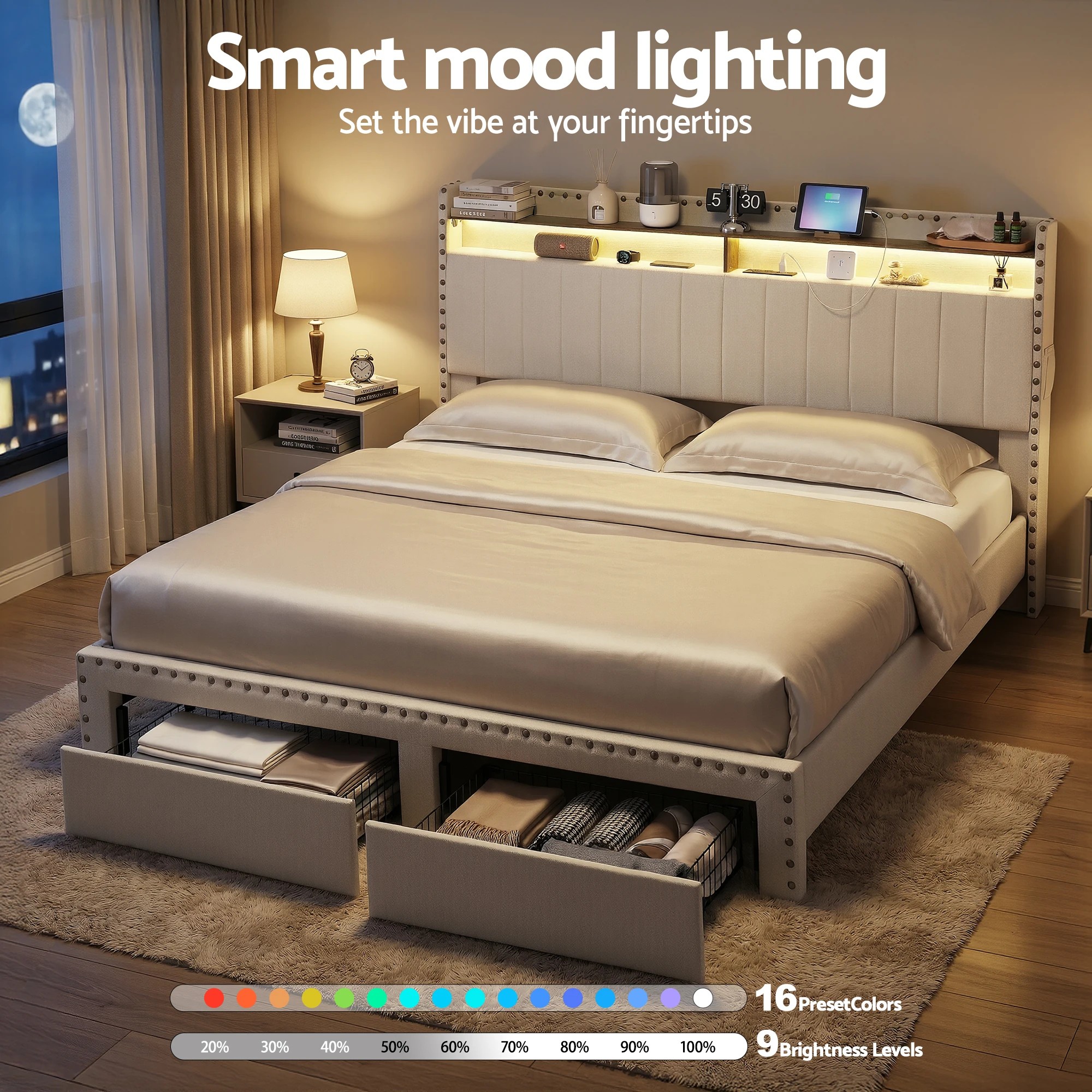 5 Artiss King Bed Frame with Shelf Storage Drawers Charging Station Mood Lighting Linen - Beige, 5 of 6