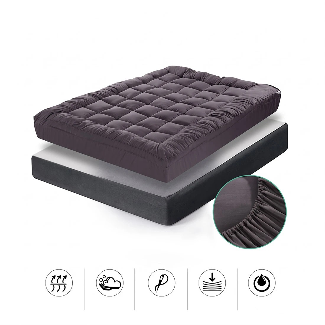 2 Giselle Bedding Bamboo Filling Pillowtop Topper 1000GSM 5cm Thick - Queen Bed - Grey, 2 of 9