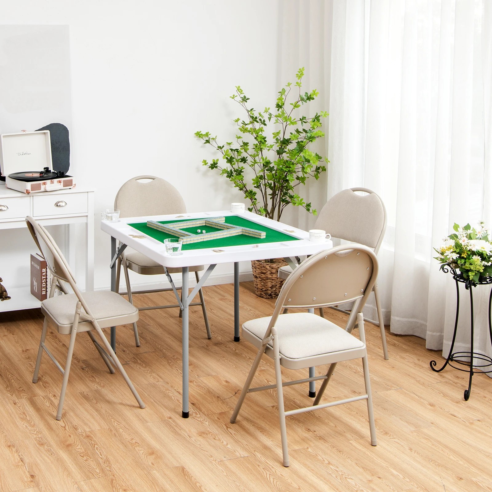 4 Costway Folding Mahjong Table Portable Card Table w/4 Cup Holders & 4 Chip Grooves, 4 of 6