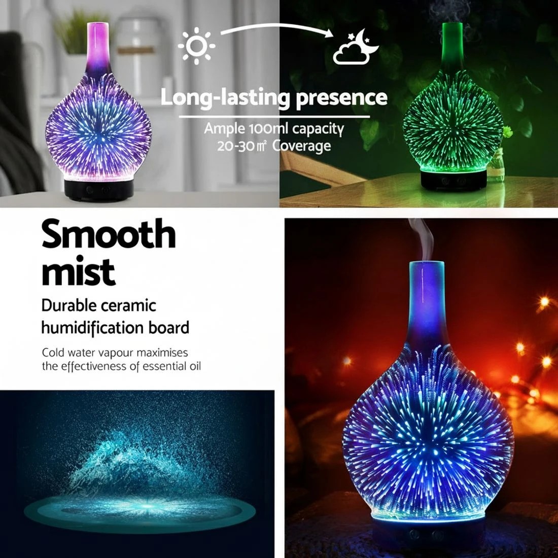 5 Devanti Ultrasonic Aroma Aromatherapy Diffuser 3D Light Oil Firework - Black, 5 of 6