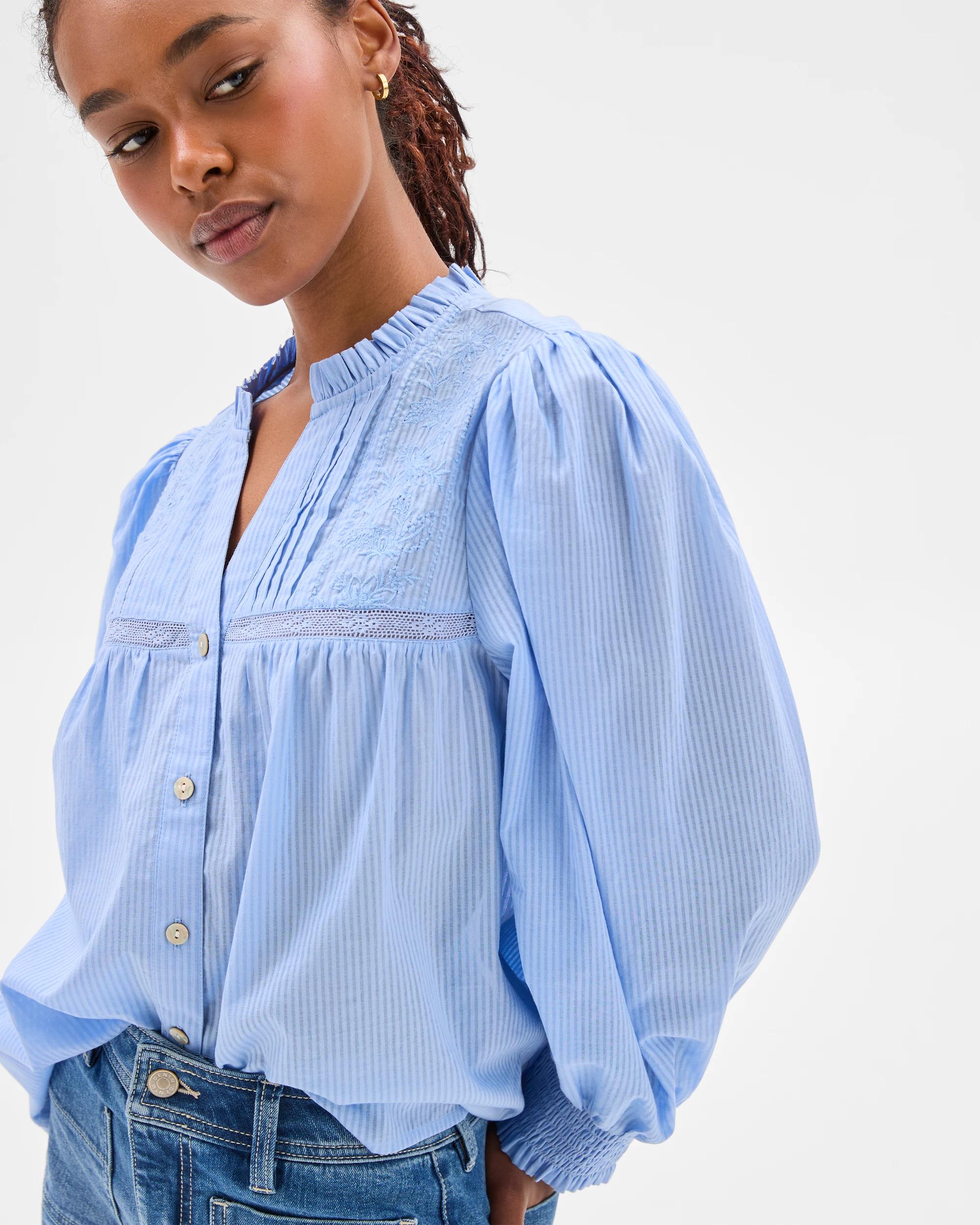 2 Target Petites Long Sleeve Broderie Blouse SUMMER BLUE STRIPE, 2 of 7