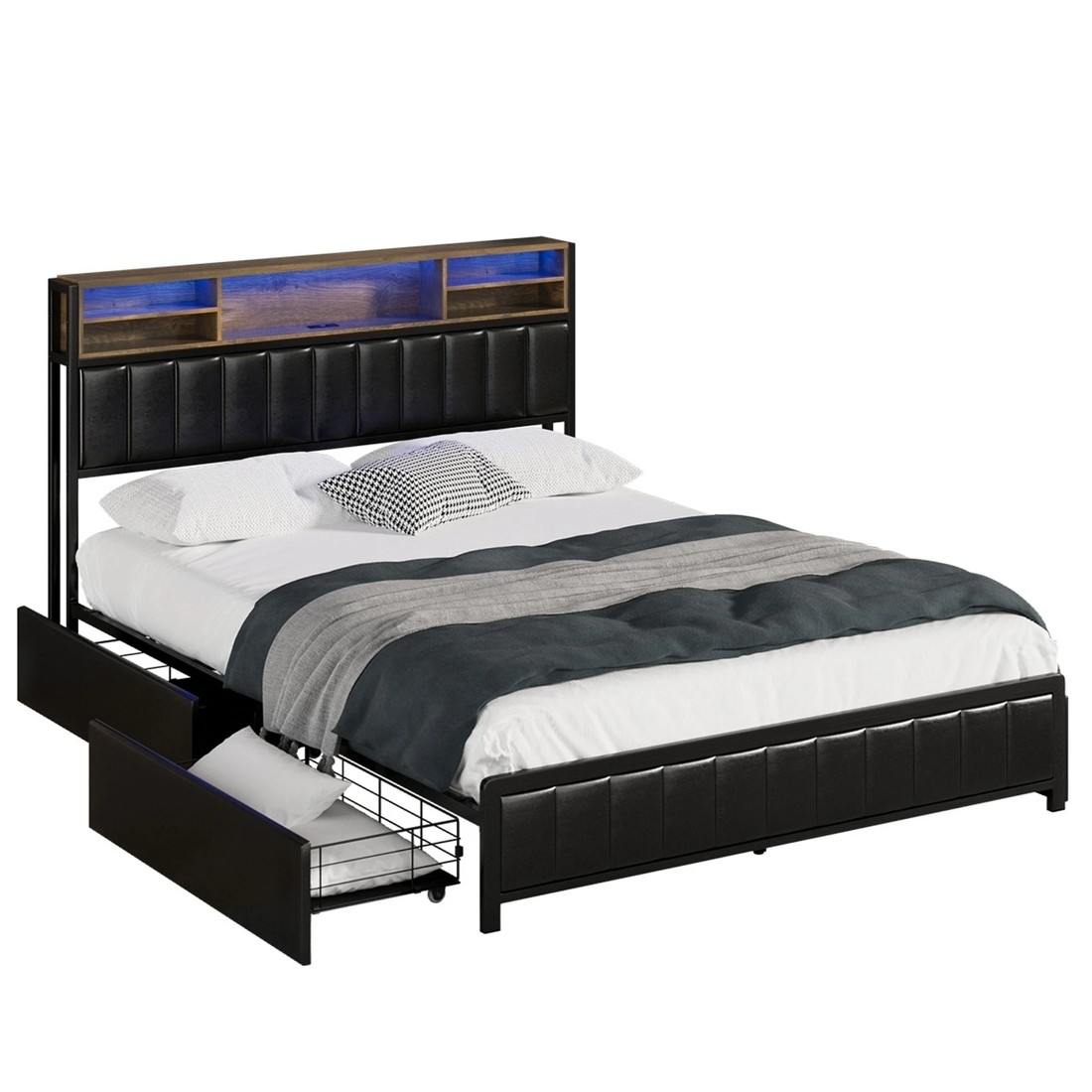 1 Oikiture Queen Bed With Led Storage Bedhead 4 Drawers Charing Port
 - Black, 1 of 10