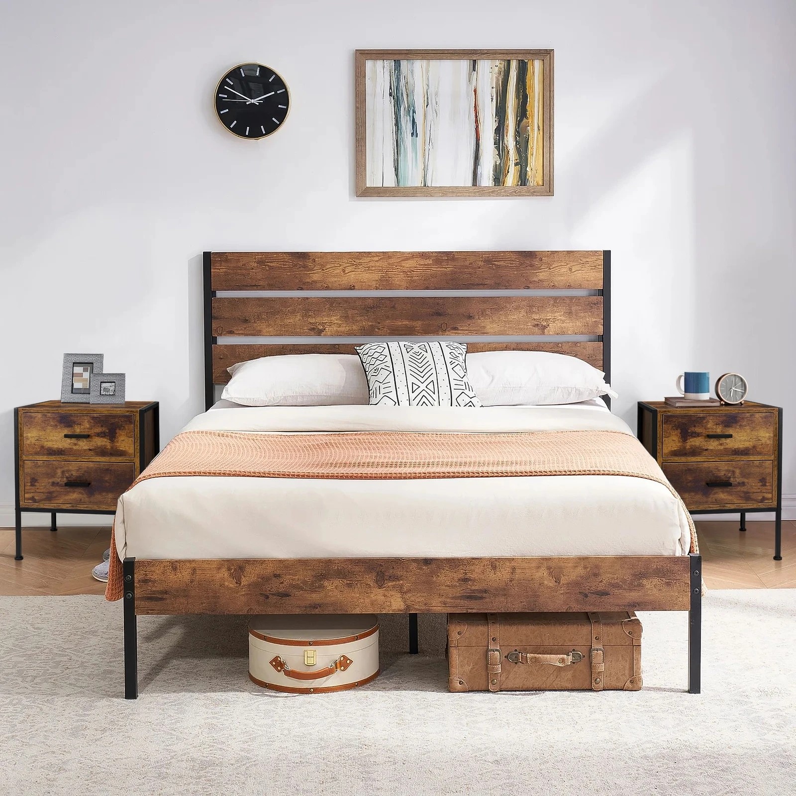 2 Alfordson Bedside Table Retro Wooden Nightstand Vintage Storage Side Cabinet - Brown, 2 of 10