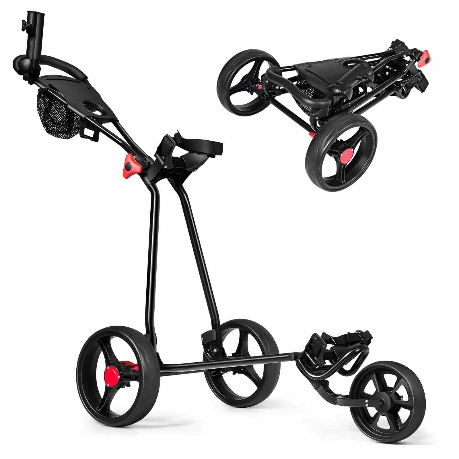 1 Costway Foldable 3 Wheel Golf Push Cart Golf Pull Trolley w/Cup Holder & Foot Brake, 1 of 1
