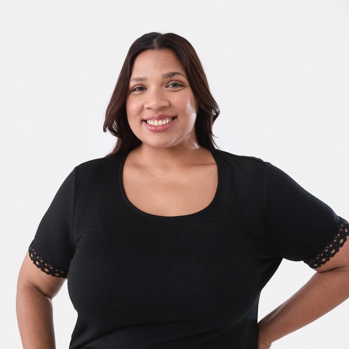 4 Curve Short Sleeve Boho Trim Top BLACK, 4 of 6