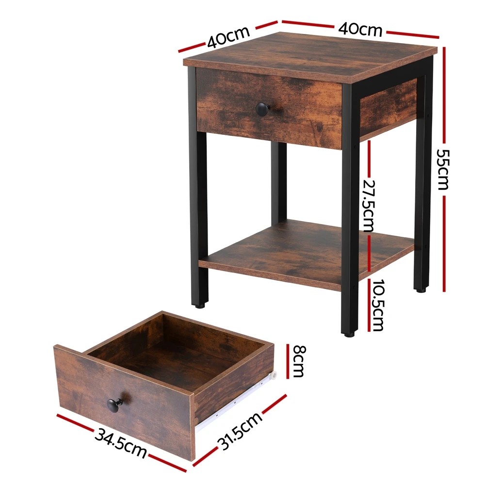 2 Artiss Bedside Table Nightstand 1 Drawer Shelves Walnut - Brown, 2 of 8