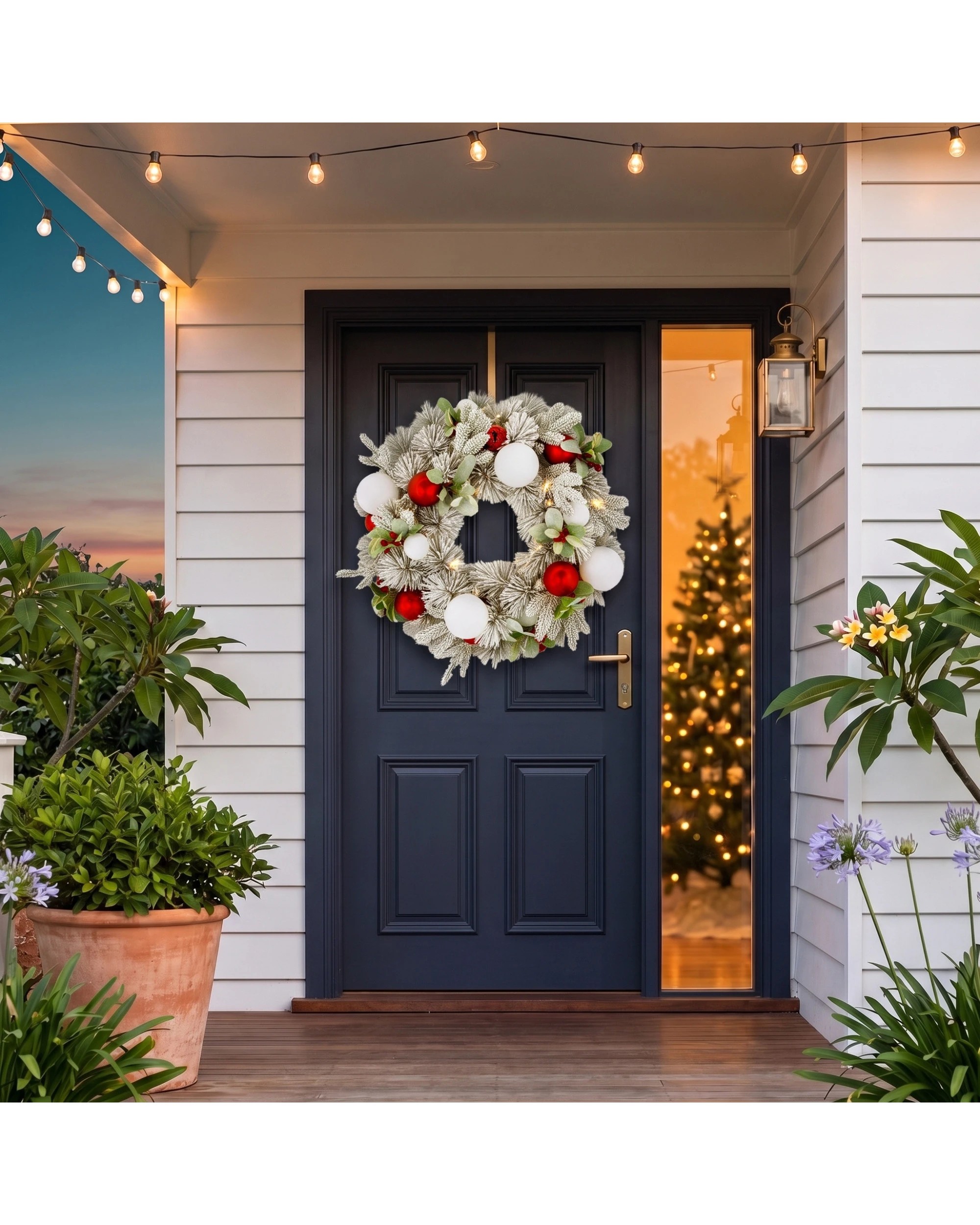 7 Christabelle 61cm Snowy Elegance Pre-Lit Christmas Wreath - Warm White LEDs, Red & White Baubles - White, 7 of 10