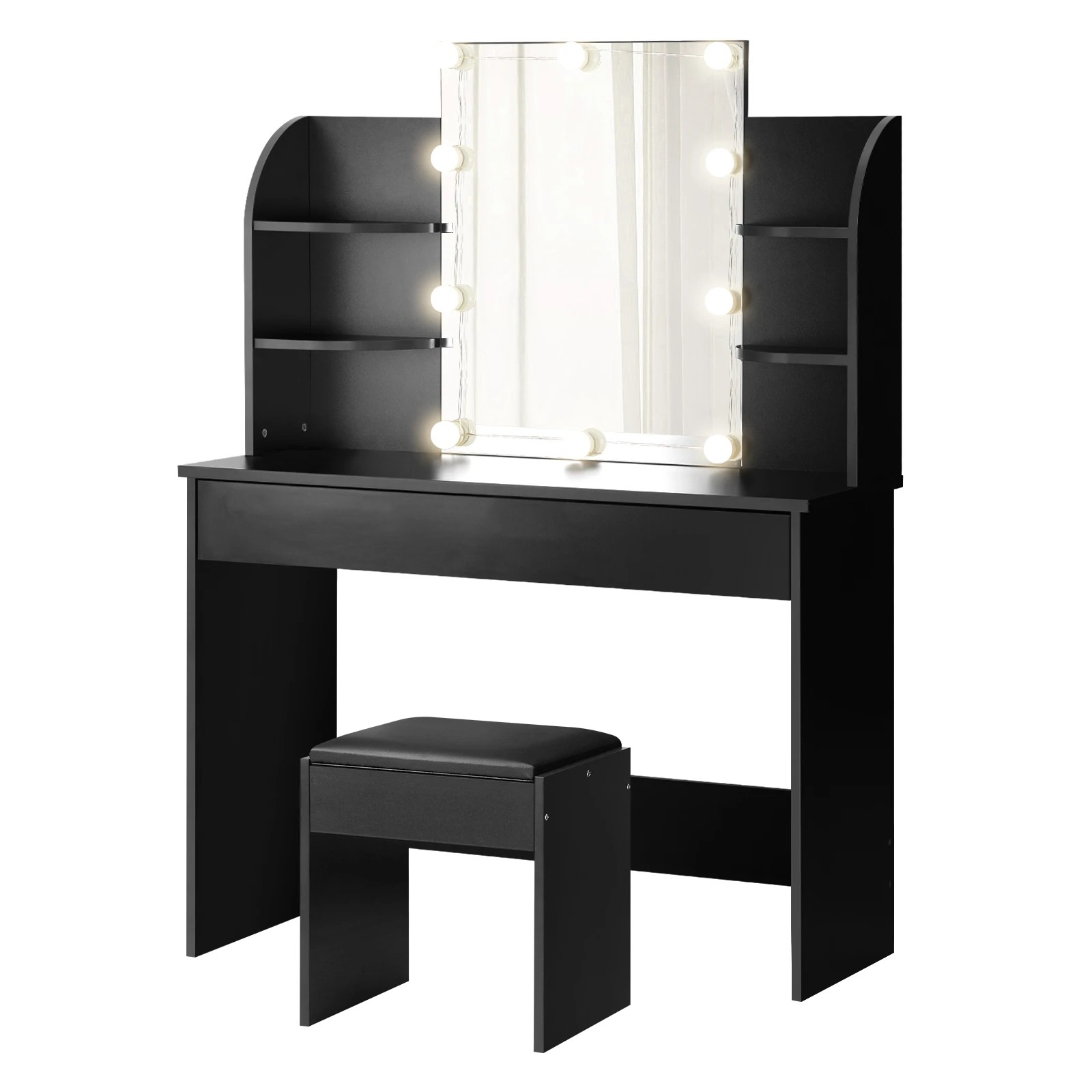 1 Oikiture Dressing Table Stool Set Makeup Mirror Storage Drawer 10led Bulbs
 - Black, 1 of 9