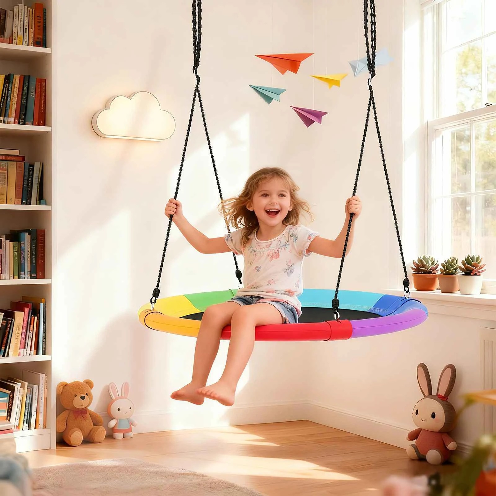 3 Costway 100cm Saucer Tree Swing 300Kg Youth Adult In/Outdoor Round Flying Disc Swing Set, 3 of 3