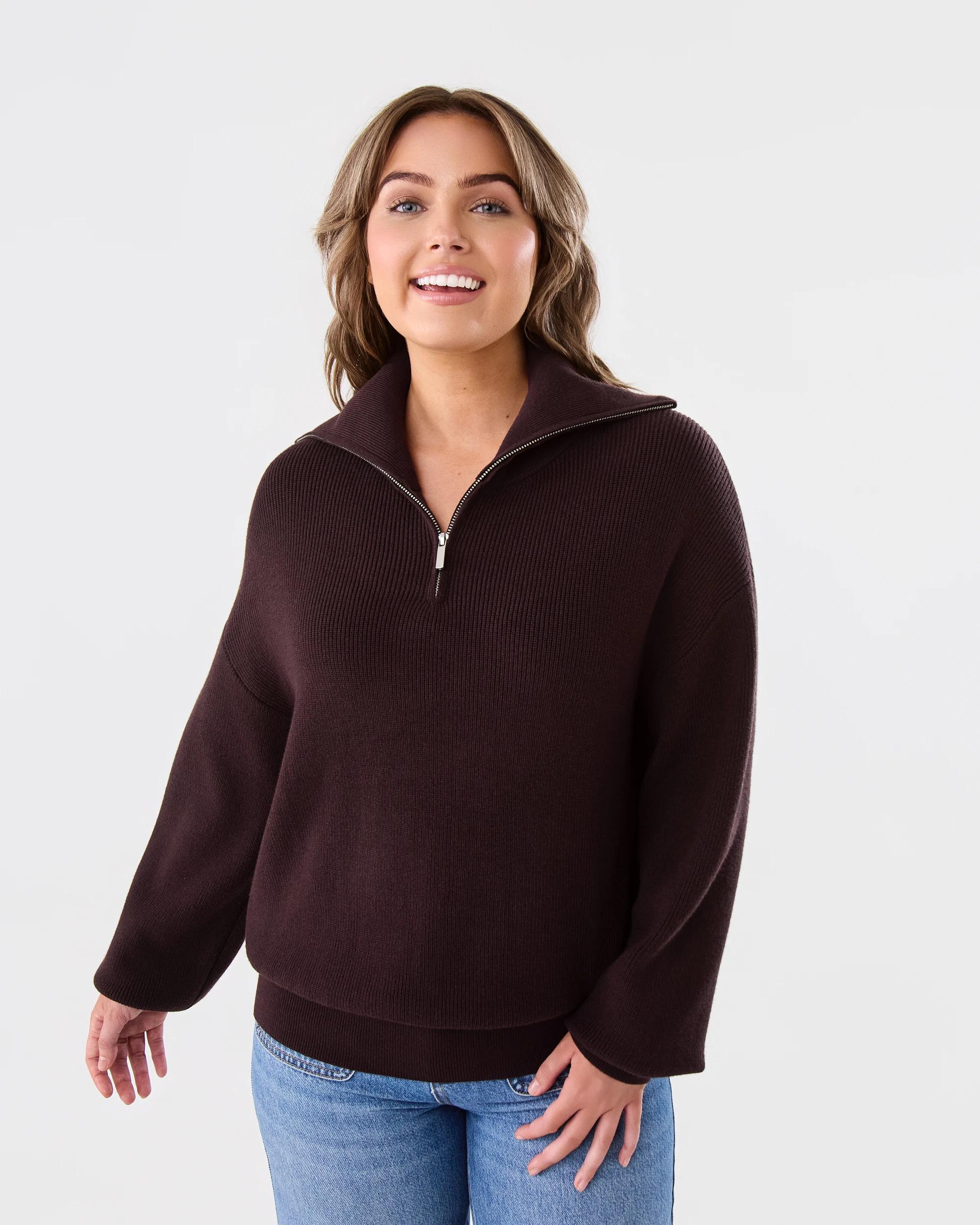 1 Ribbed Zip Through Jumper Choc Plum, 1 of 5