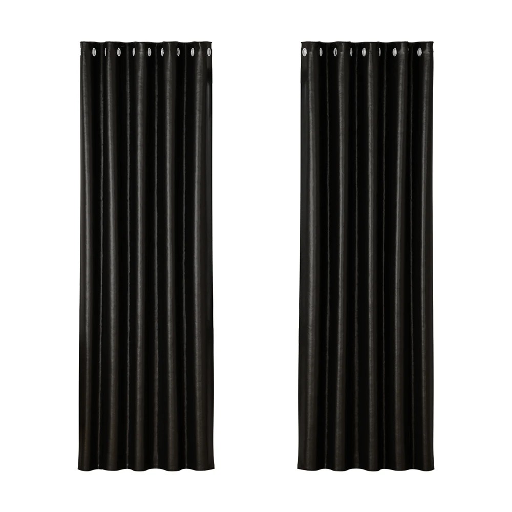 1 Artiss 2X Blockout Curtains Eyelet 180x213cm Shine - Black, 1 of 5