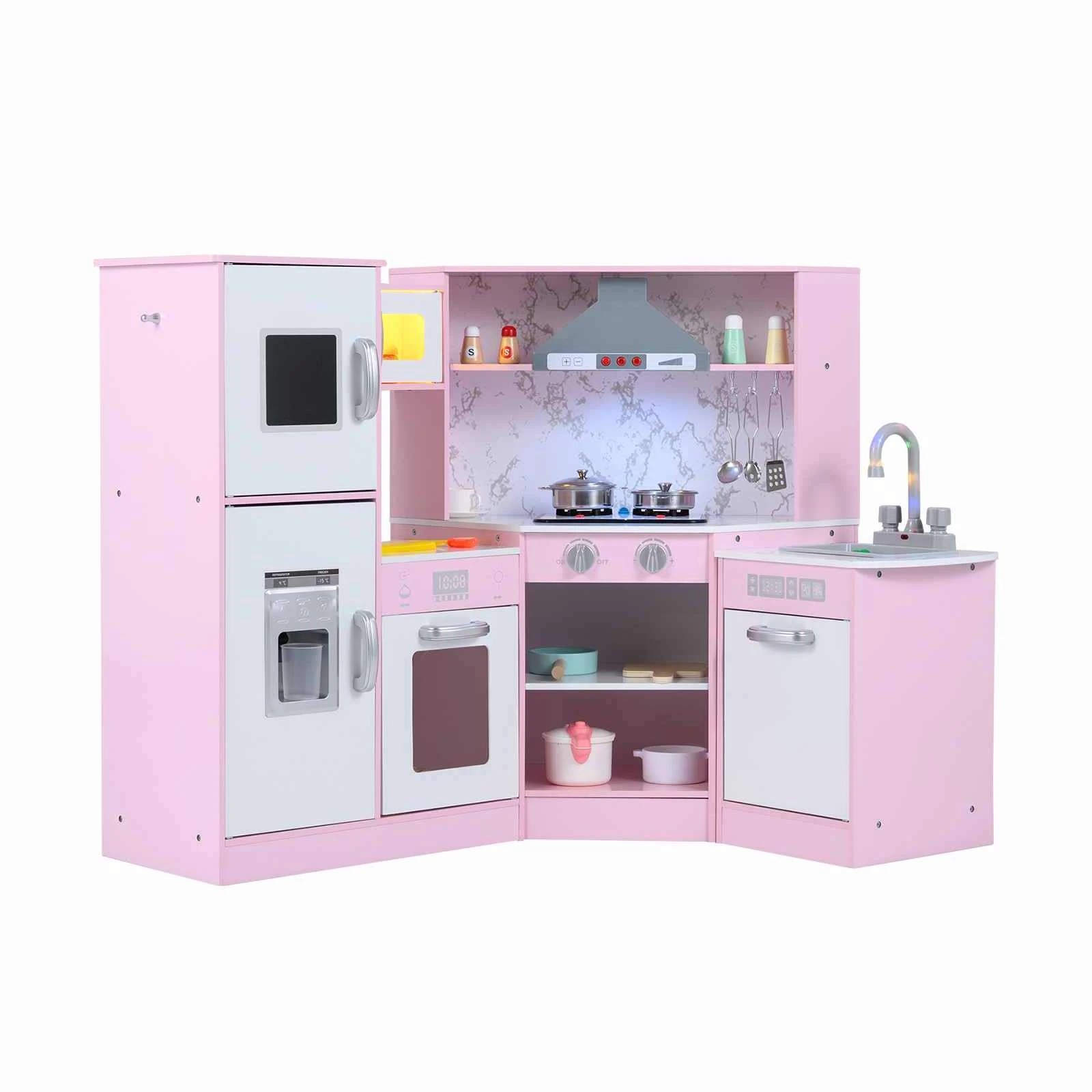 1 Costway Corner Kitchen Playset Wooden Pretend Play Kitchen Toy w/Stoves - Pink, 1 of 1