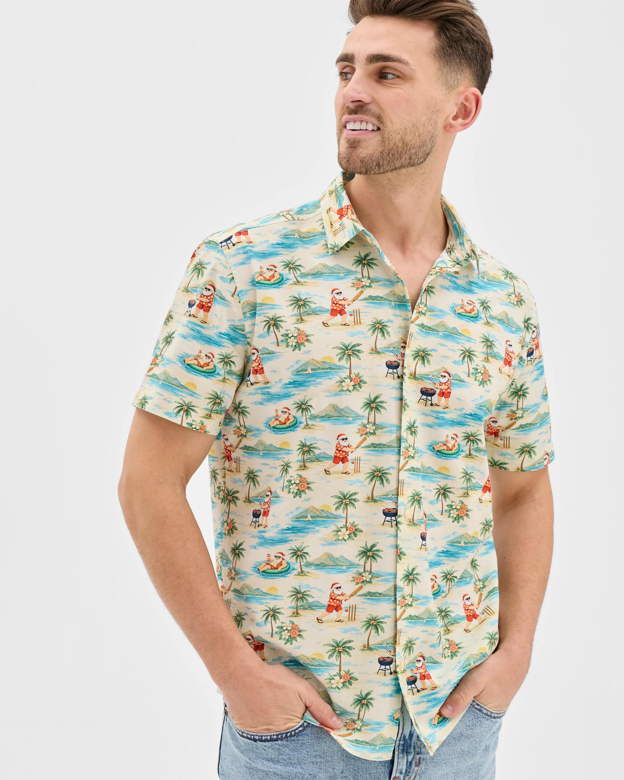 2 Target Man Australian Cotton Blend Christmas Print Shirt ECRU, 2 of 7