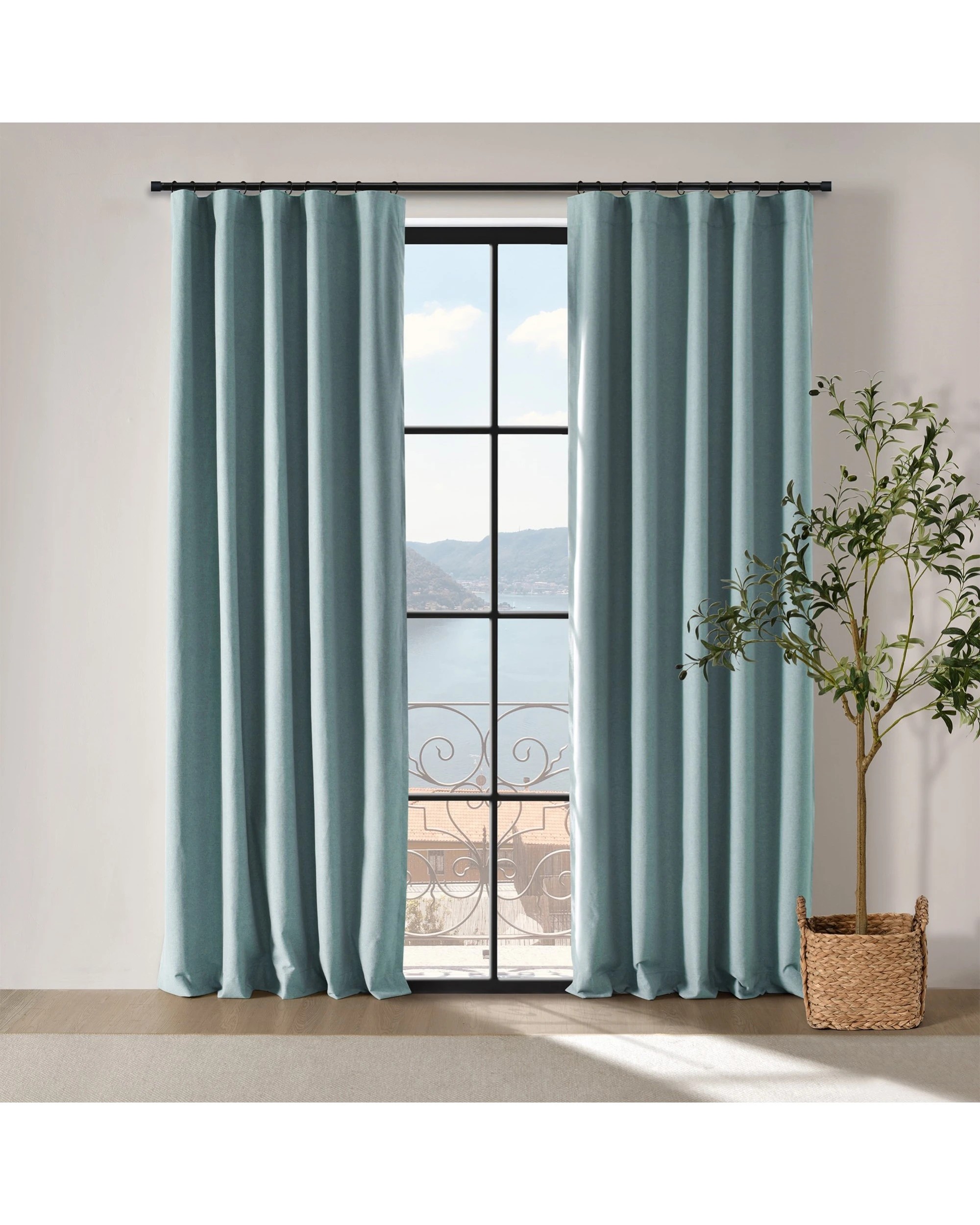 1 Cadence & Co. Bennett Faux Linen Blockout Multi Header Curtain Twin Pack 180x223cm - Dusty Blue, 1 of 8