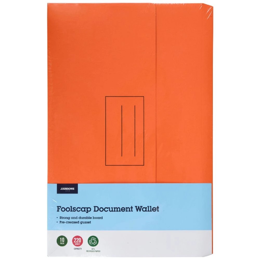 1 J.Burrows Foolscap Document Wallet Orange 10 Pack, 1 of 4