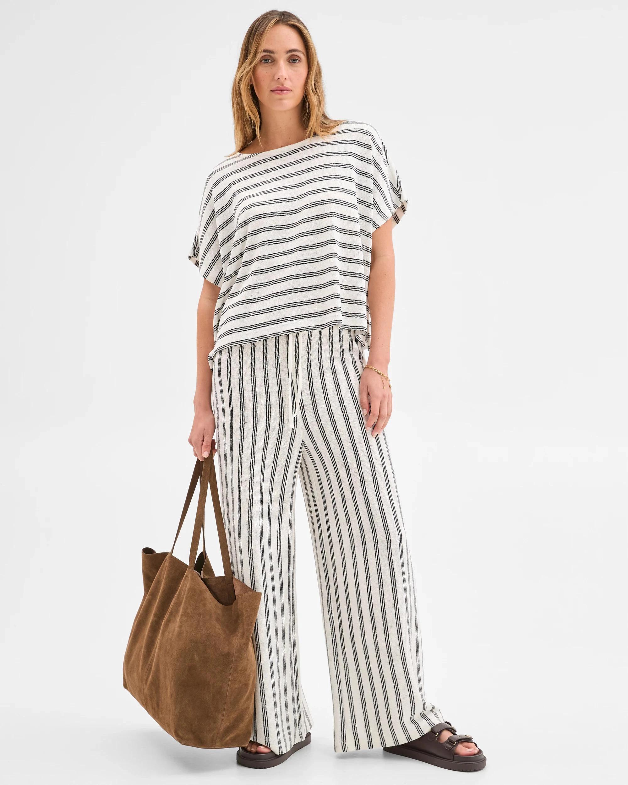 2 Target Woman Short Sleeve Textured Top CREAM/BLACK STRIPE, 2 of 6