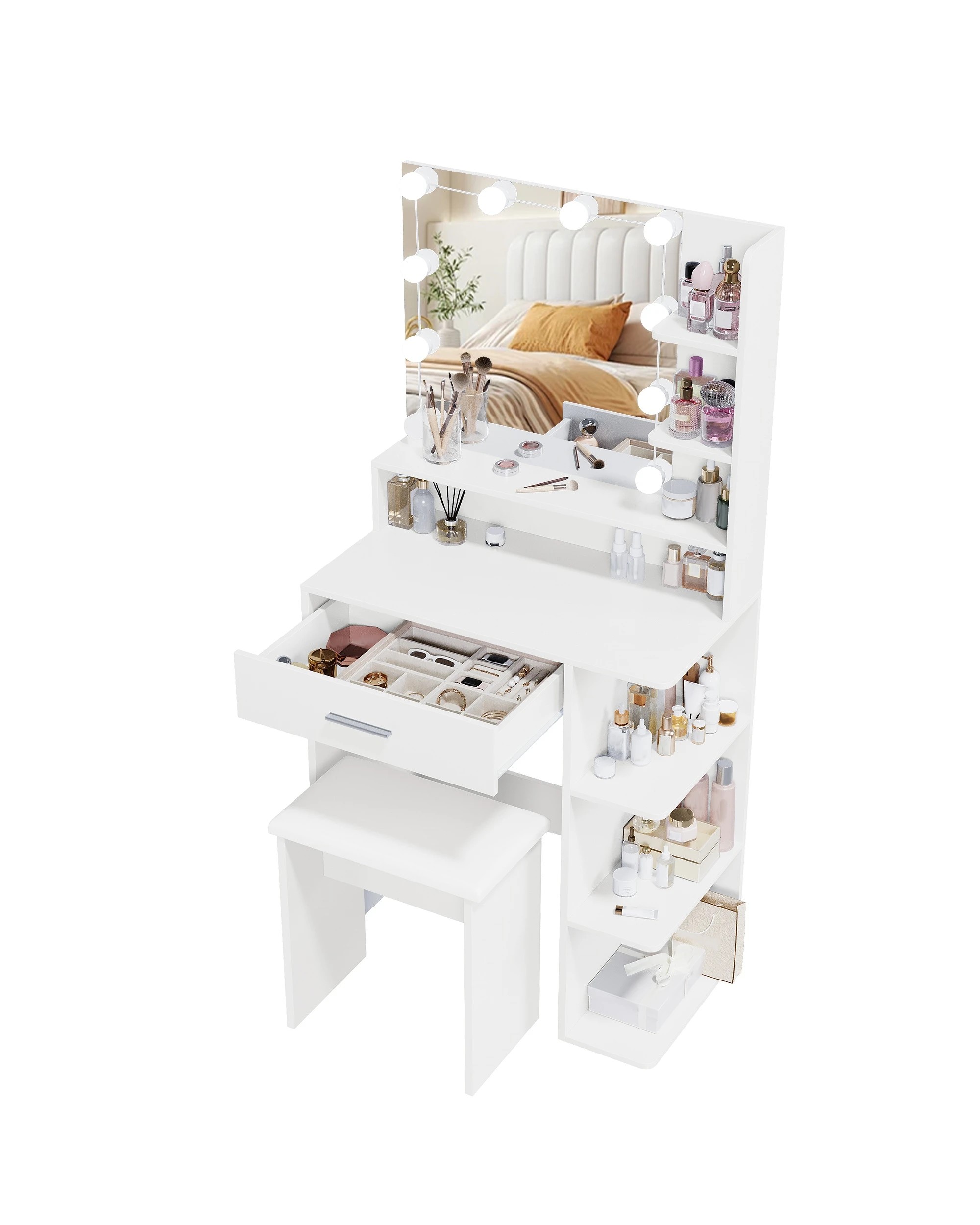 8 Advwin Dressing Table Stool Set LED Light Glass Top - Black, 8 of 9