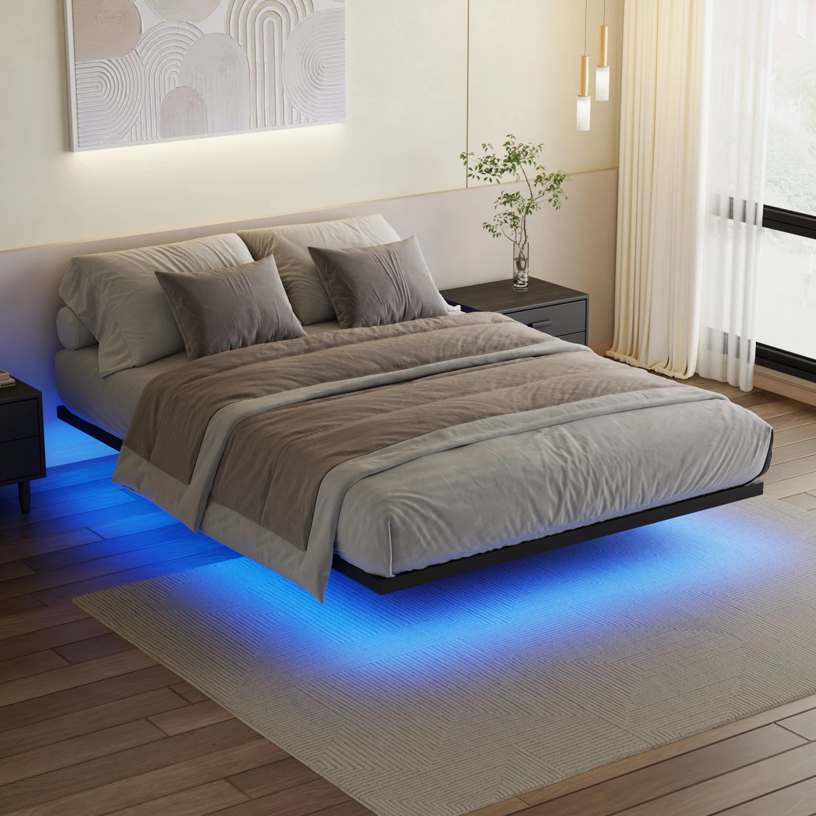 2 Advwin Double Floating Bed Frame With LED Lights Metal Platform, 2 of 10