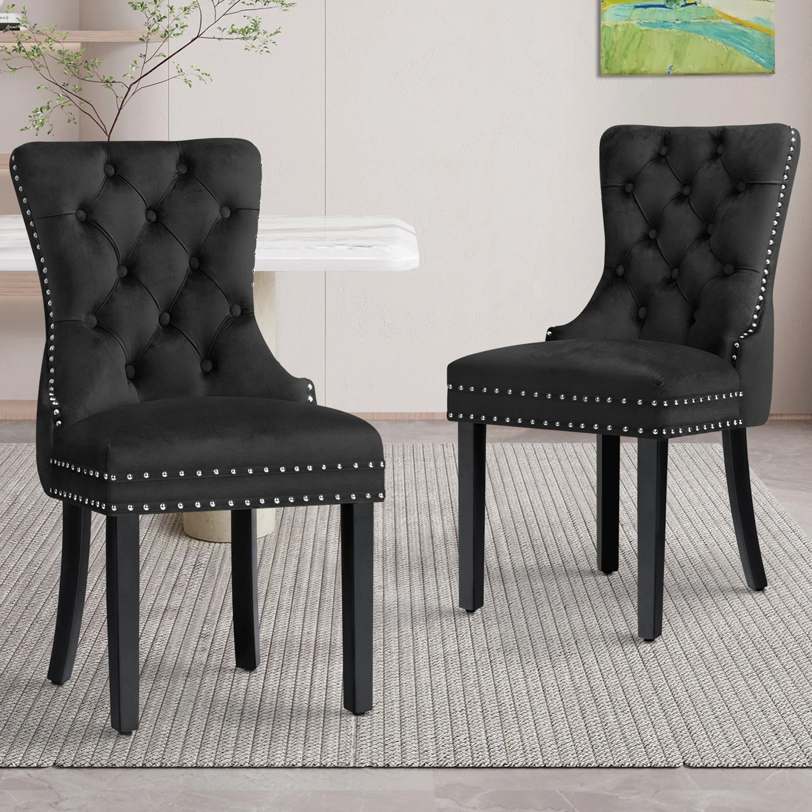 2 Alfordson 2x Dining Chair Kitchen Lounge Retro Button Tufted Wooden Velvet - Black, 2 of 10