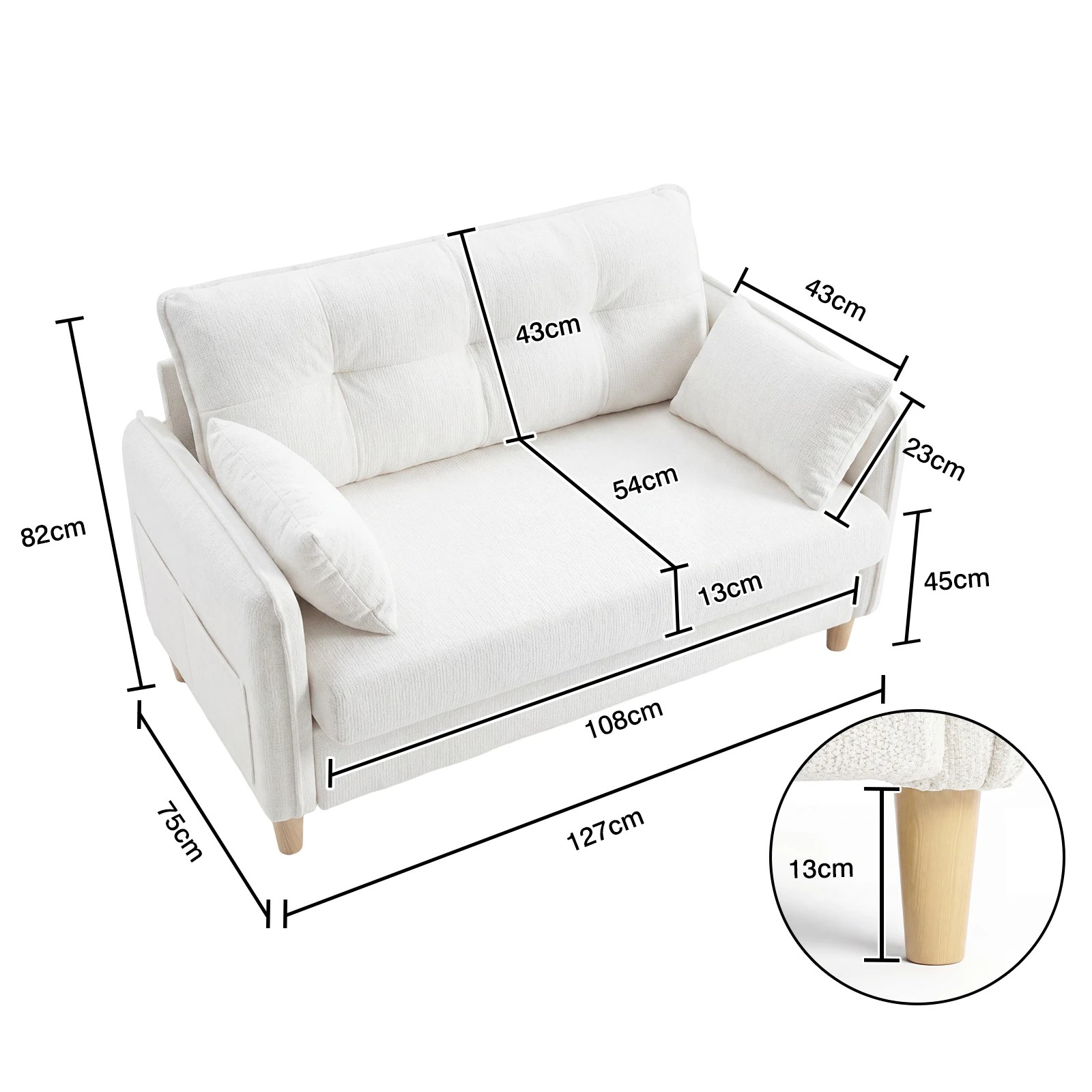 2 Advwin Loveseat Sofa 127cm 2-Seater Chenille Fabric Button Tufted Upholstered Small Couch - Beige, 2 of 8