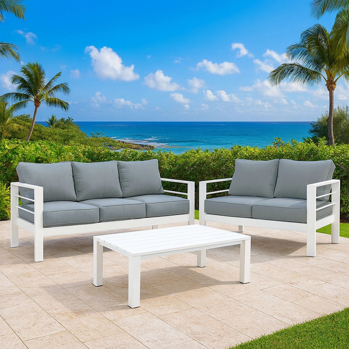 1 Moda Living Paris 3+2 Seater White Aluminium Sofa Lounge Suite Set - Grey Cushion - White, 1 of 9