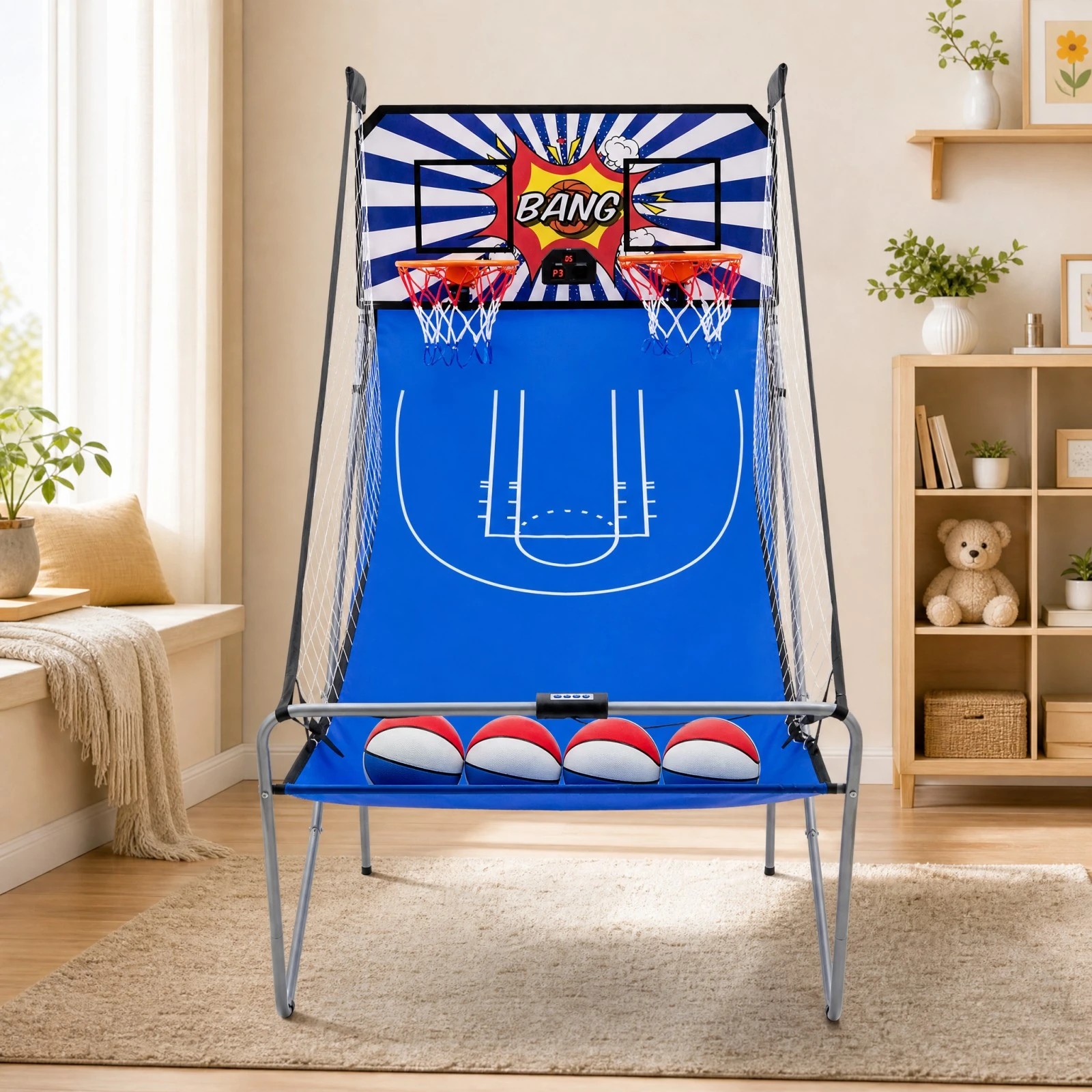 1 Costway Foldable Basketball Arcade Game Electronic Double Basketball Hoop Game w/4 Balls & Hand Pump - Blue, 1 of 7