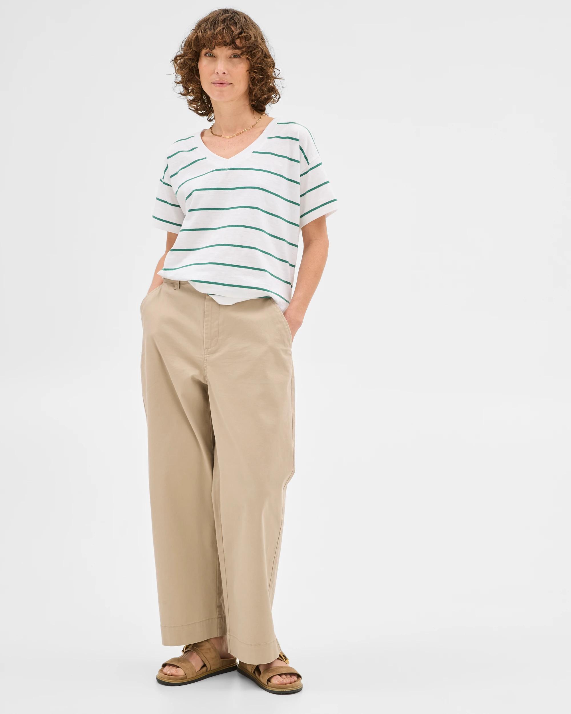 1 Target Australian Cotton Relaxed Slub V-Neck T-Shirt White/lush Green Stripe, 1 of 6