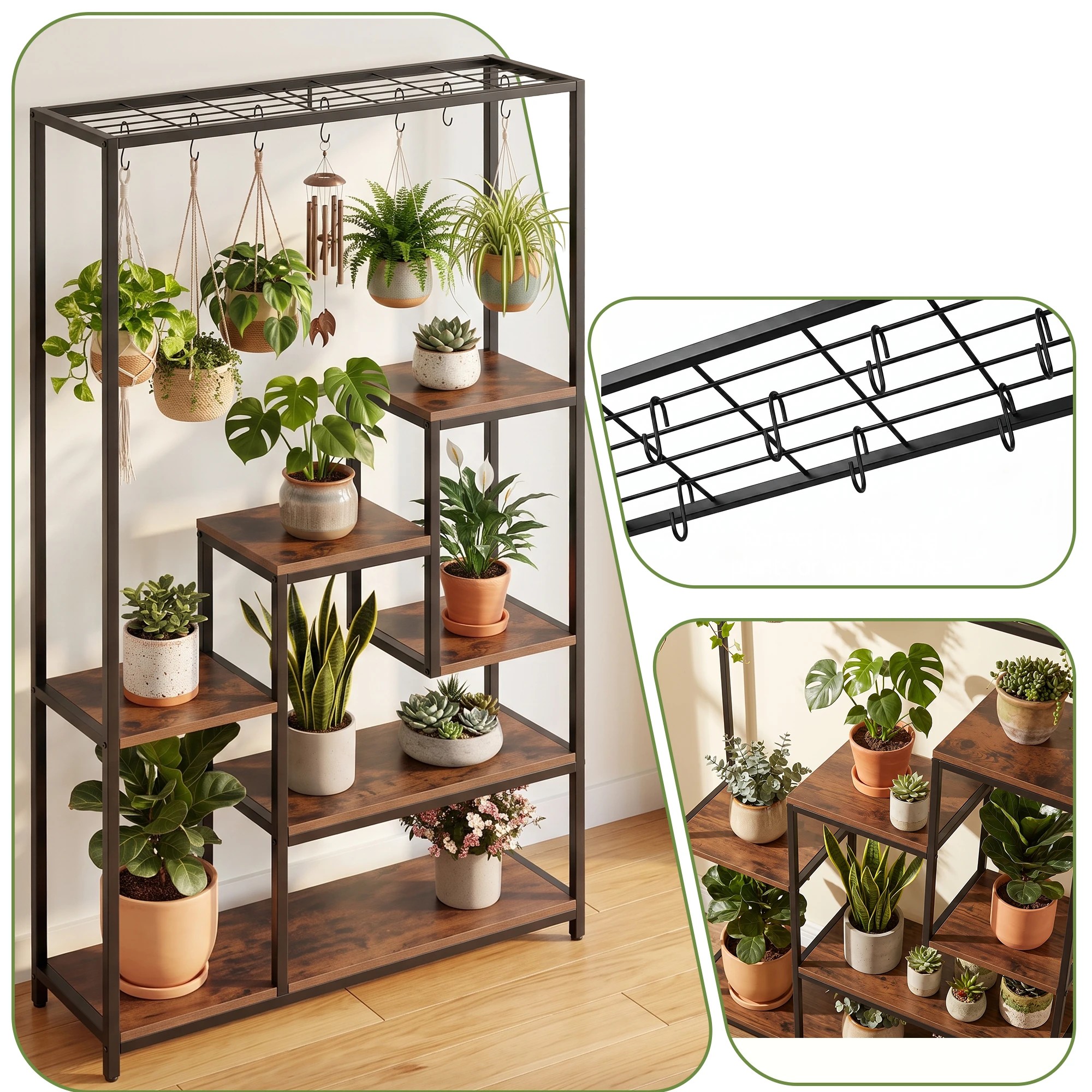 3 Artiss Tall Plant Stand Indoor, 6-Tier Pot Plant Shelf with 10 S Hanging Hooks - Black, 3 of 9