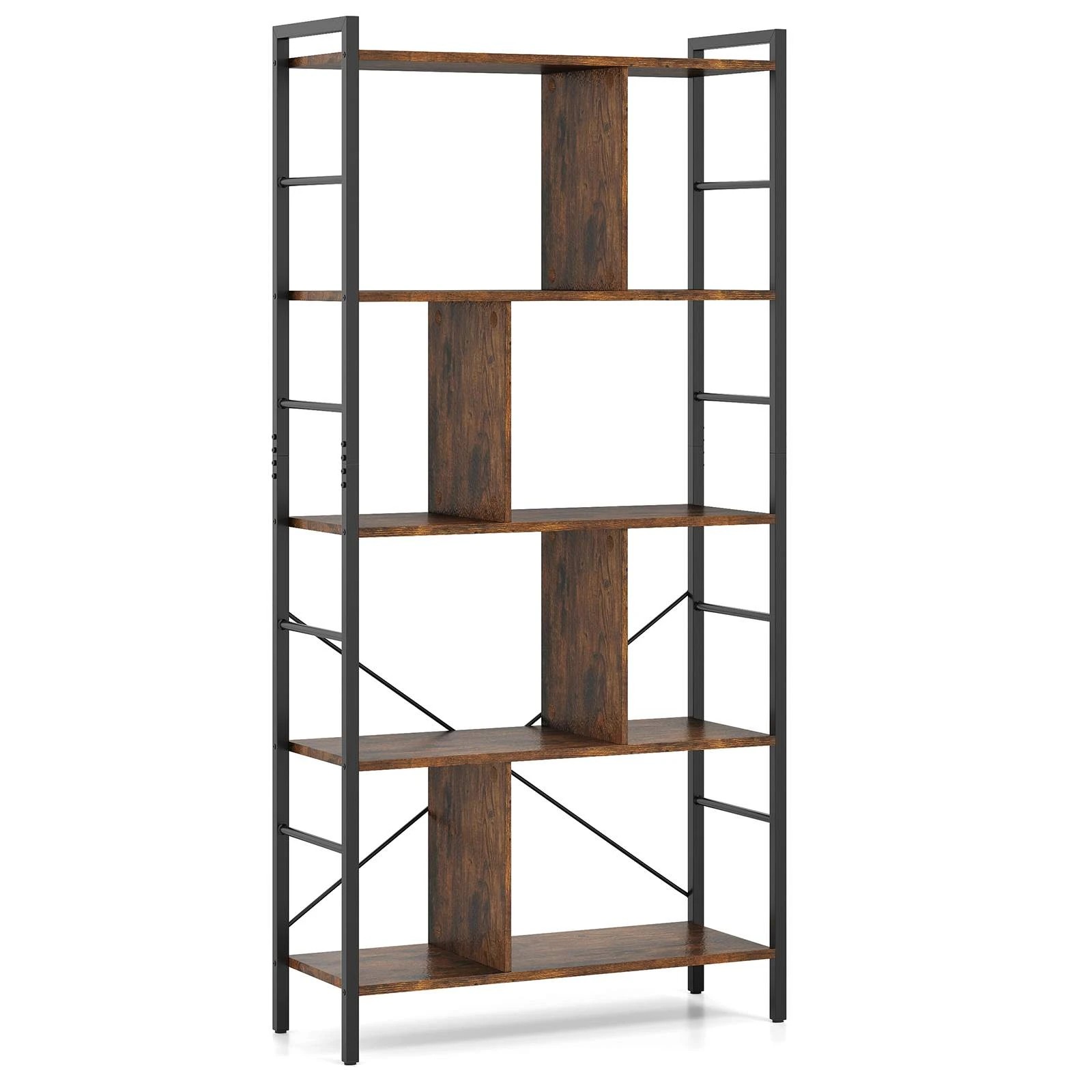 1 Costway 5-Tier Industiral Bookcase Bookshelf Wood Display Storage Home Office - Brown, 1 of 4