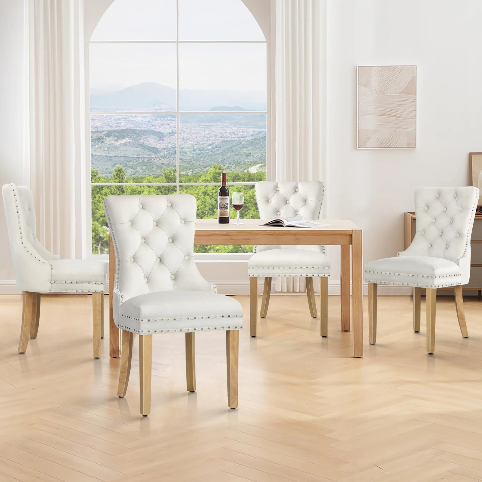 9 Alfordson 2x Dining Chair Kitchen Lounge Retro Button Tufted Wooden Velvet - Beige, 9 of 10