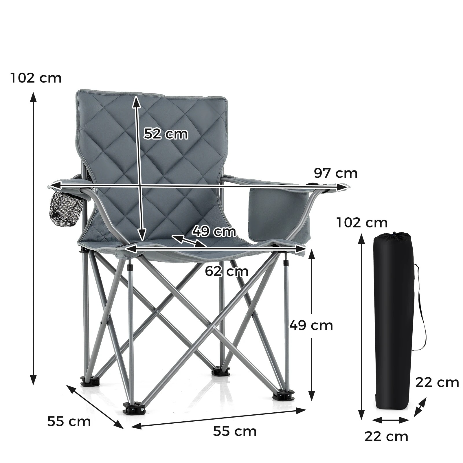 4 Costway Oversized Camping Chair Portable Folding Picnic Chair w/Cup Holder Cooler & Carry Bag 227KG - Grey, 4 of 4