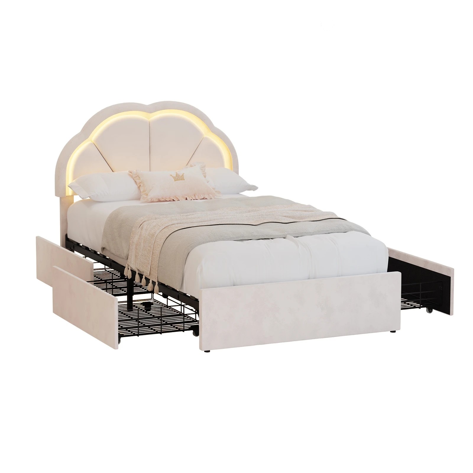 1 Oikiture King Single Size Bed Frame LED Shell Headboard with Drawers - Beige, 1 of 6