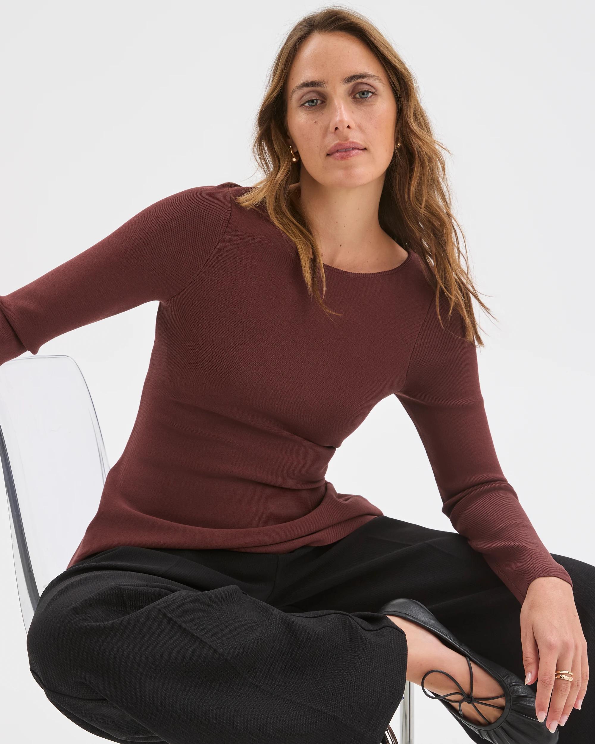 1 Preview Long Sleeve Peplum Crepe Knit Top DARK CHOCOLATE, 1 of 7
